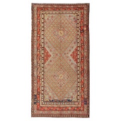 Large Antique Khotan Gallery Rug with Diamonds in Yellow, Orange, Brown & Gray
