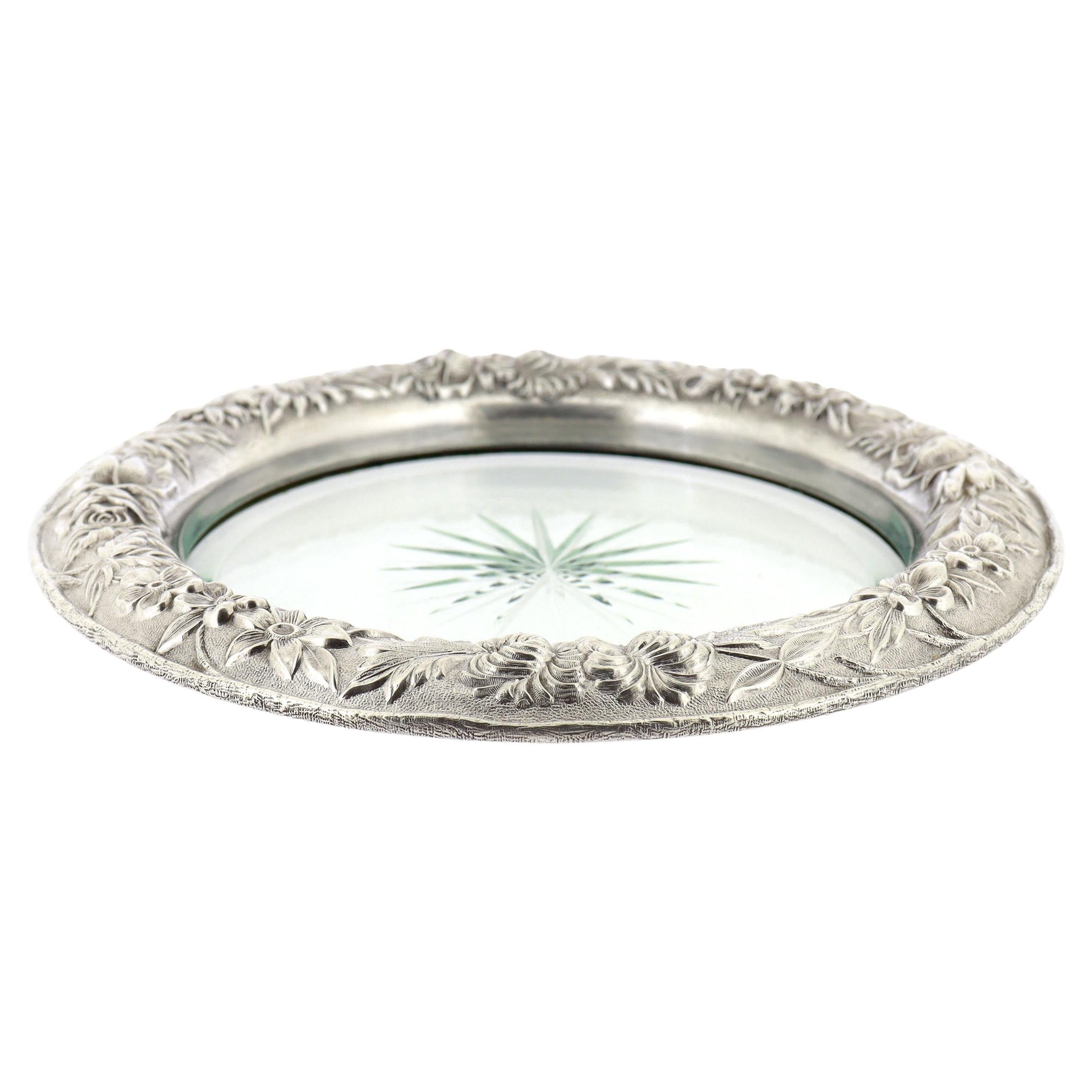 Large Antique Kirk & Son Repousse Sterling Silver & Cut Glass Wine Coaster