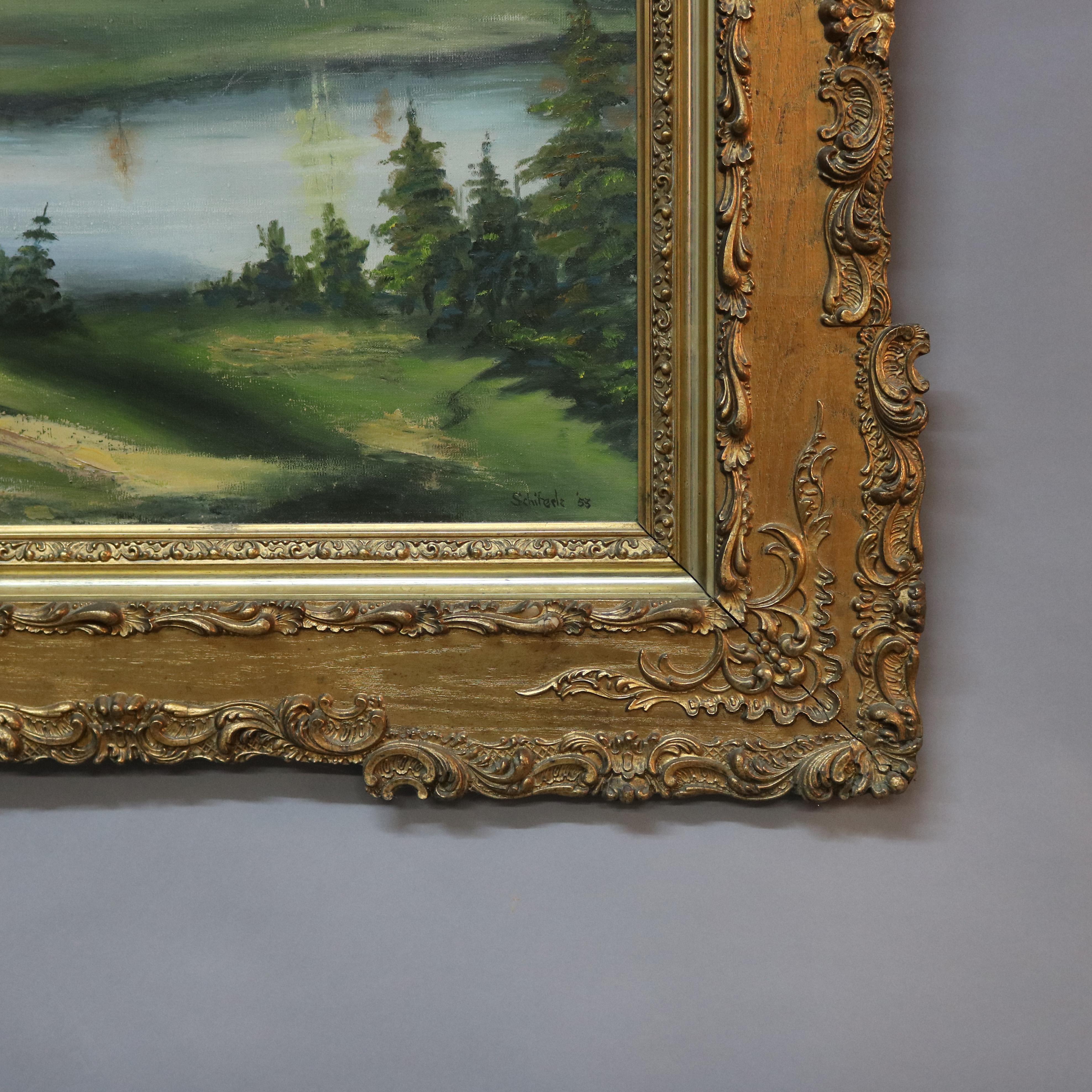 Large Antique Landscape Painting by Schiferle, 1st Finish Giltwood Frame, 20th C 4