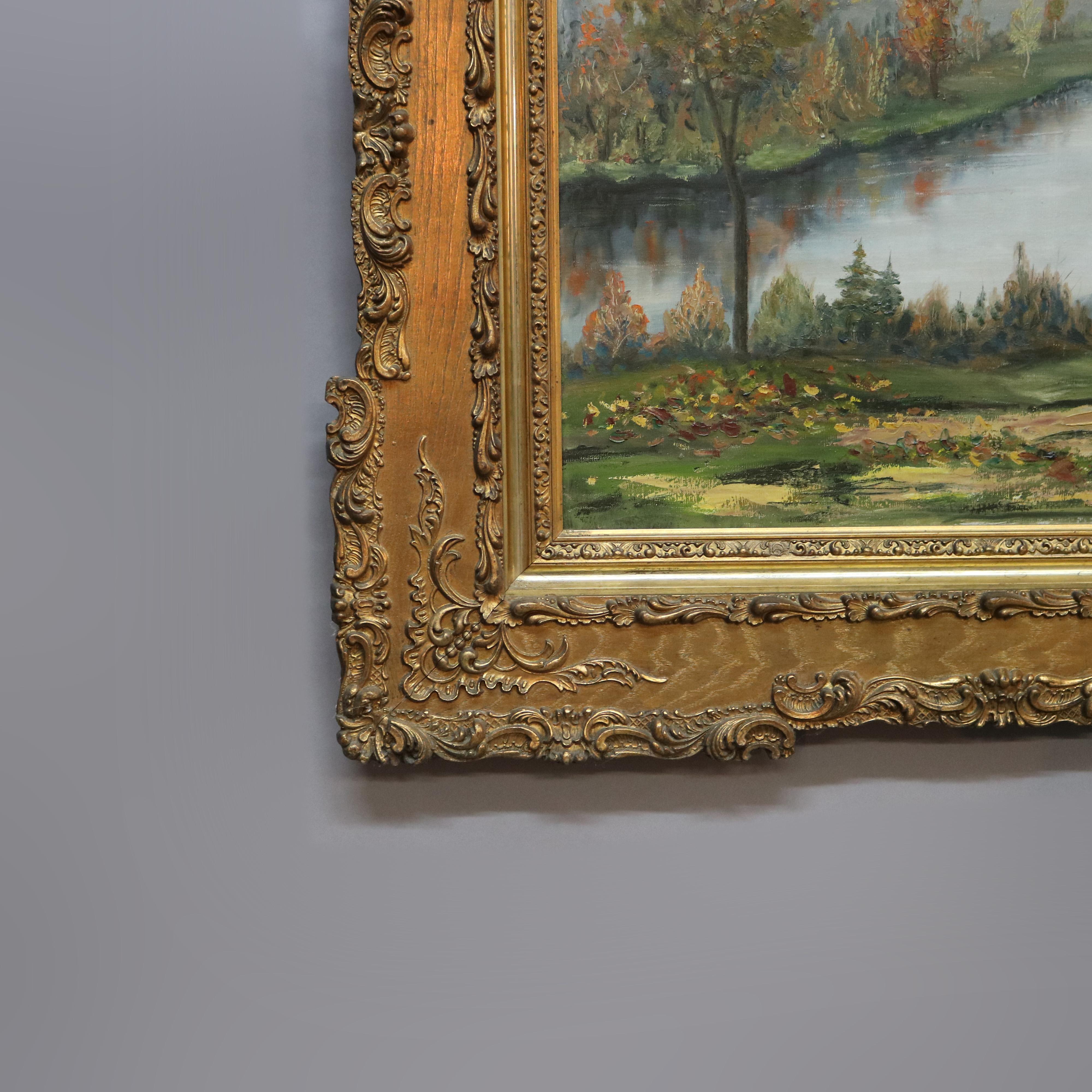 Large Antique Landscape Painting by Schiferle, 1st Finish Giltwood Frame, 20th C 5
