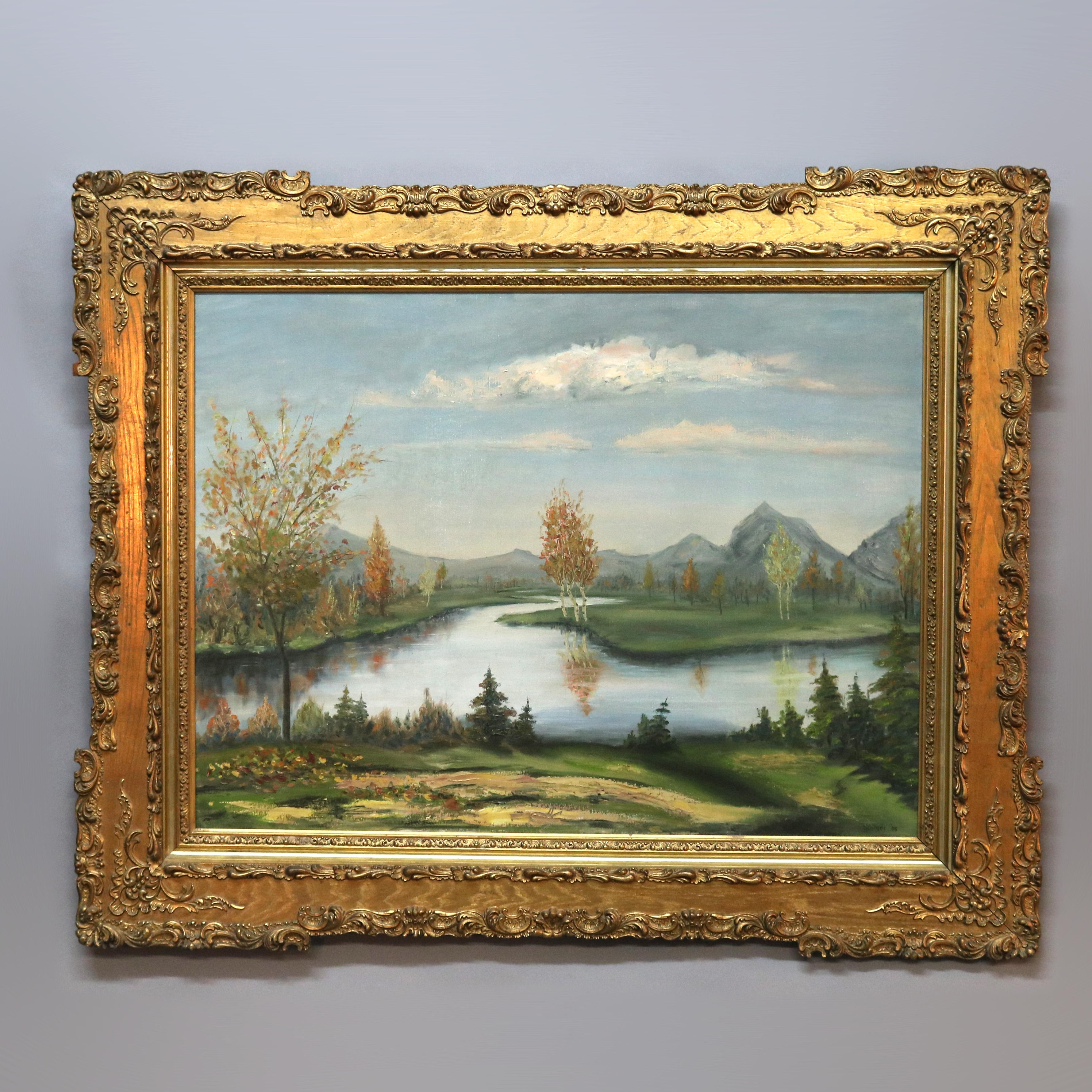 An antique and large landscape painting by Schiferle offers oil on canvas river valley scene, artist signed and dated lower left, seated in first finish giltwood frame, c1953

Measures - 42.5'' H x 52.5'' x 2.5'' D; rabbet 40'' x 30.25''; sight