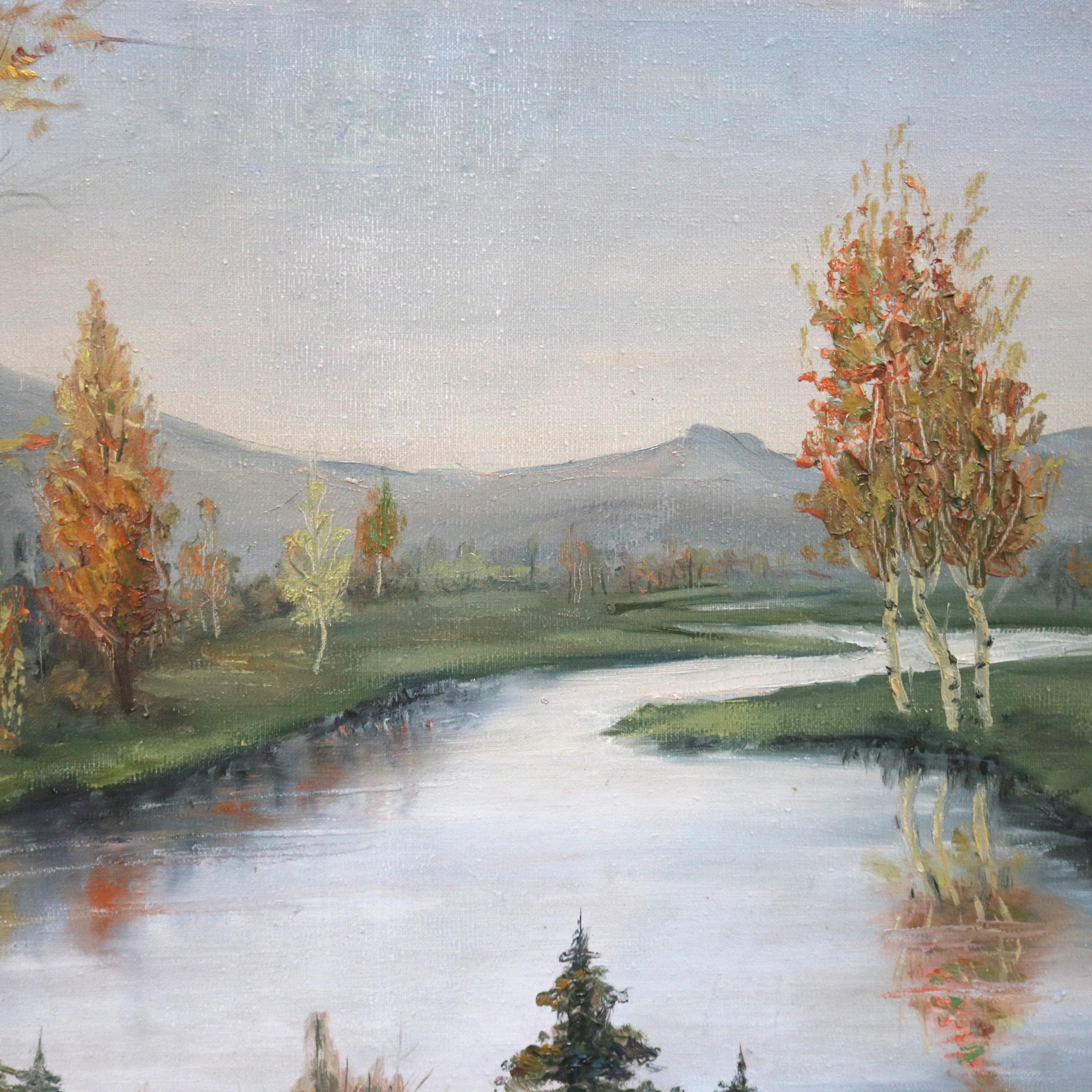 Large Antique Landscape Painting by Schiferle, 1st Finish Giltwood Frame, 20th C In Good Condition In Big Flats, NY