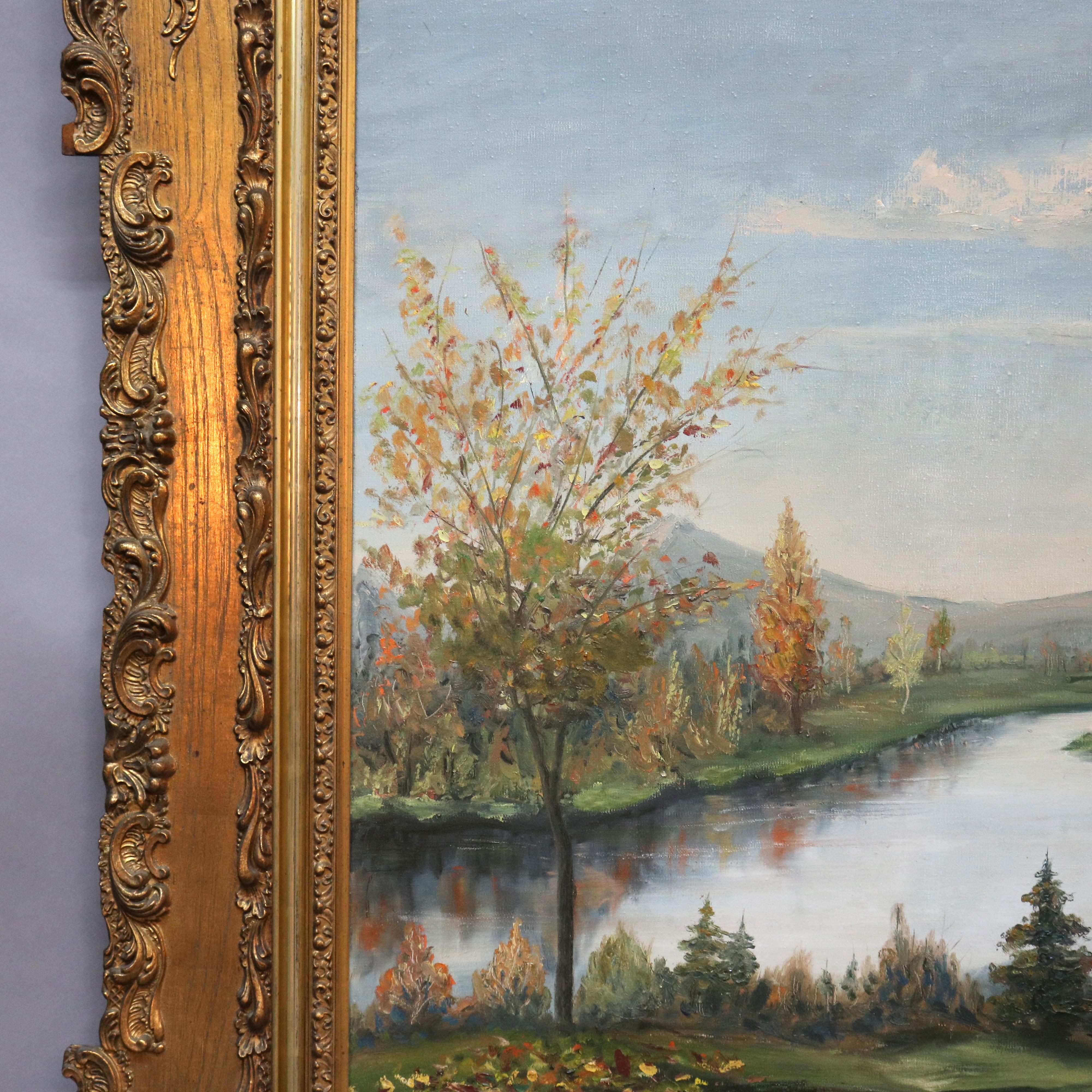 Canvas Large Antique Landscape Painting by Schiferle, 1st Finish Giltwood Frame, 20th C