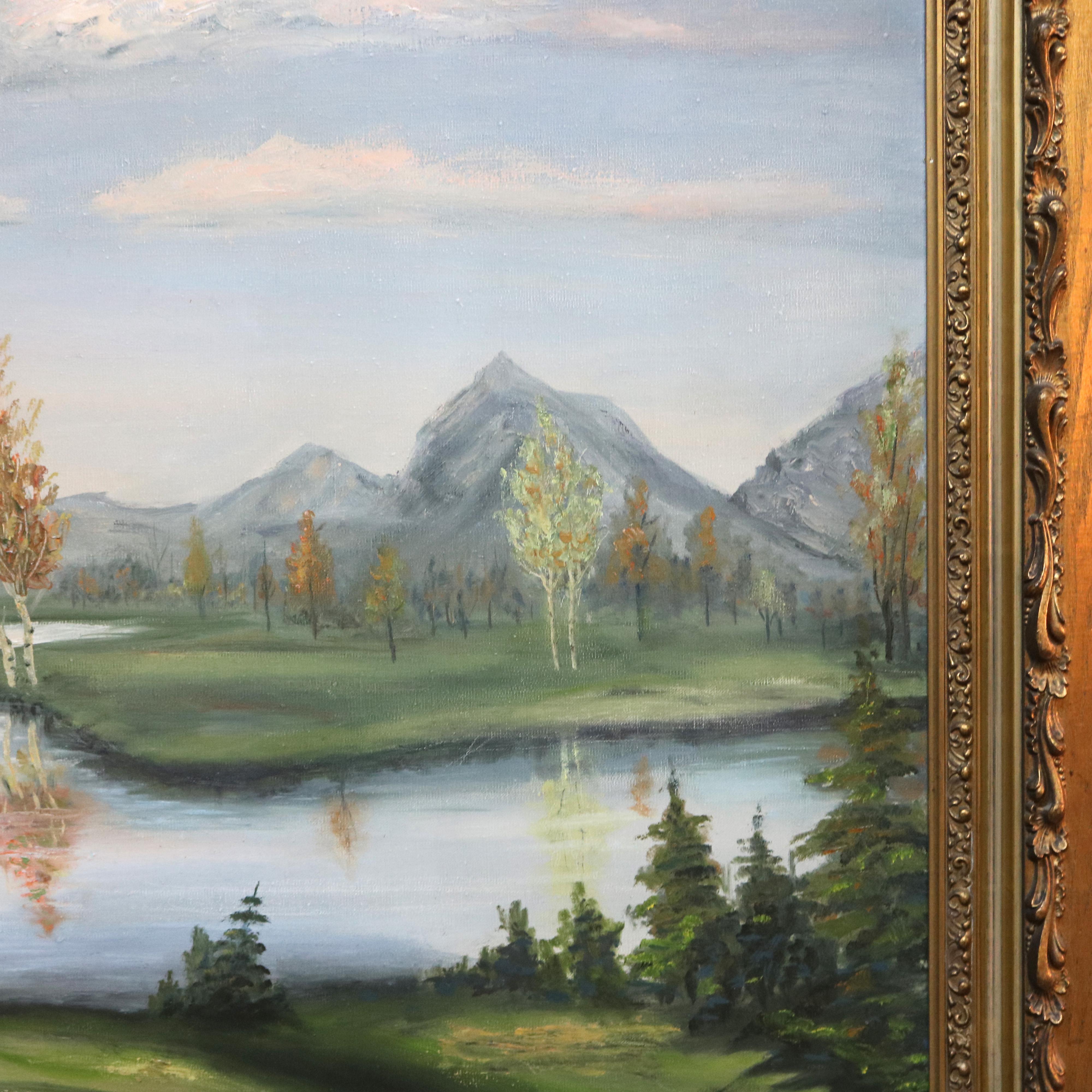 Large Antique Landscape Painting by Schiferle, 1st Finish Giltwood Frame, 20th C 1