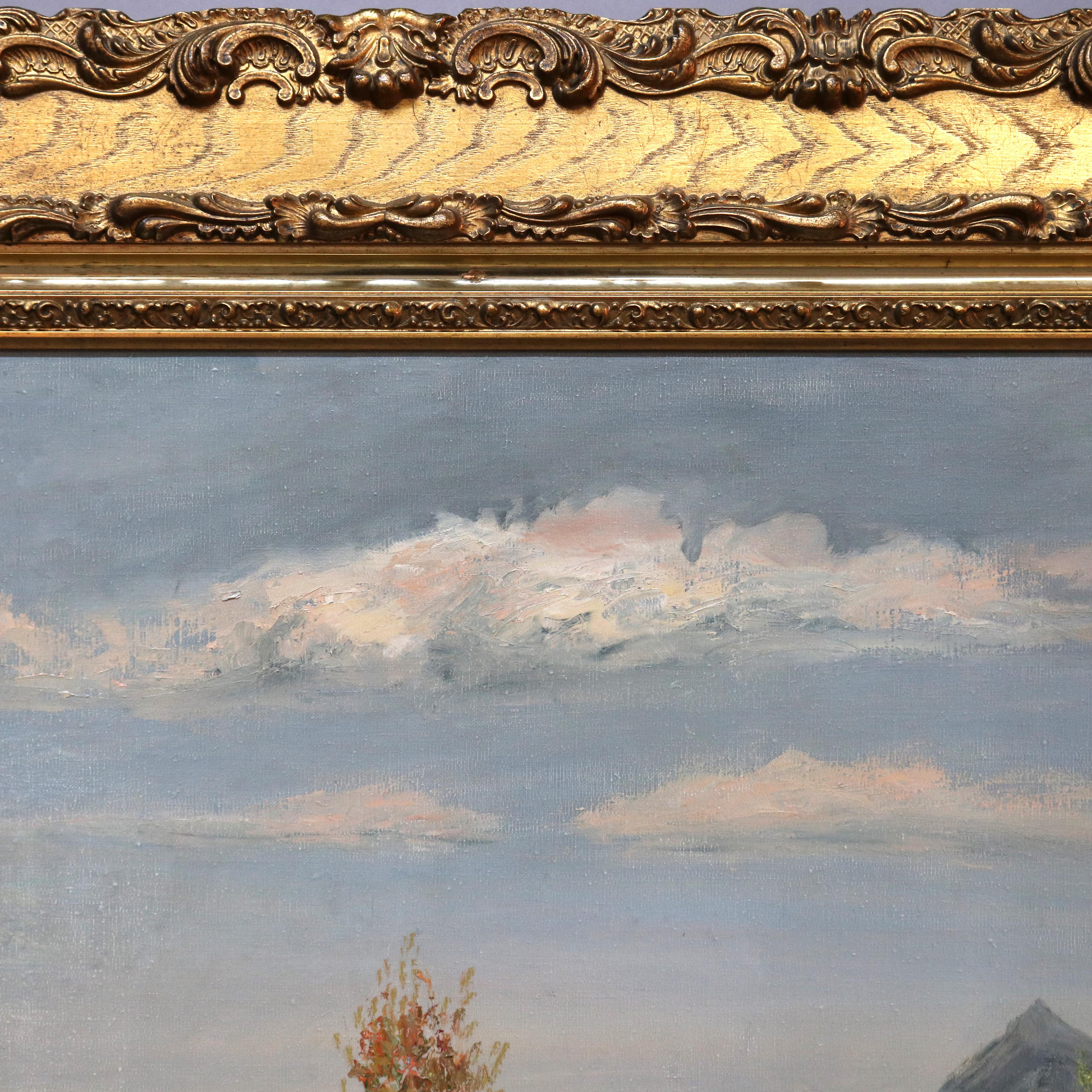 Large Antique Landscape Painting by Schiferle, 1st Finish Giltwood Frame, 20th C 2