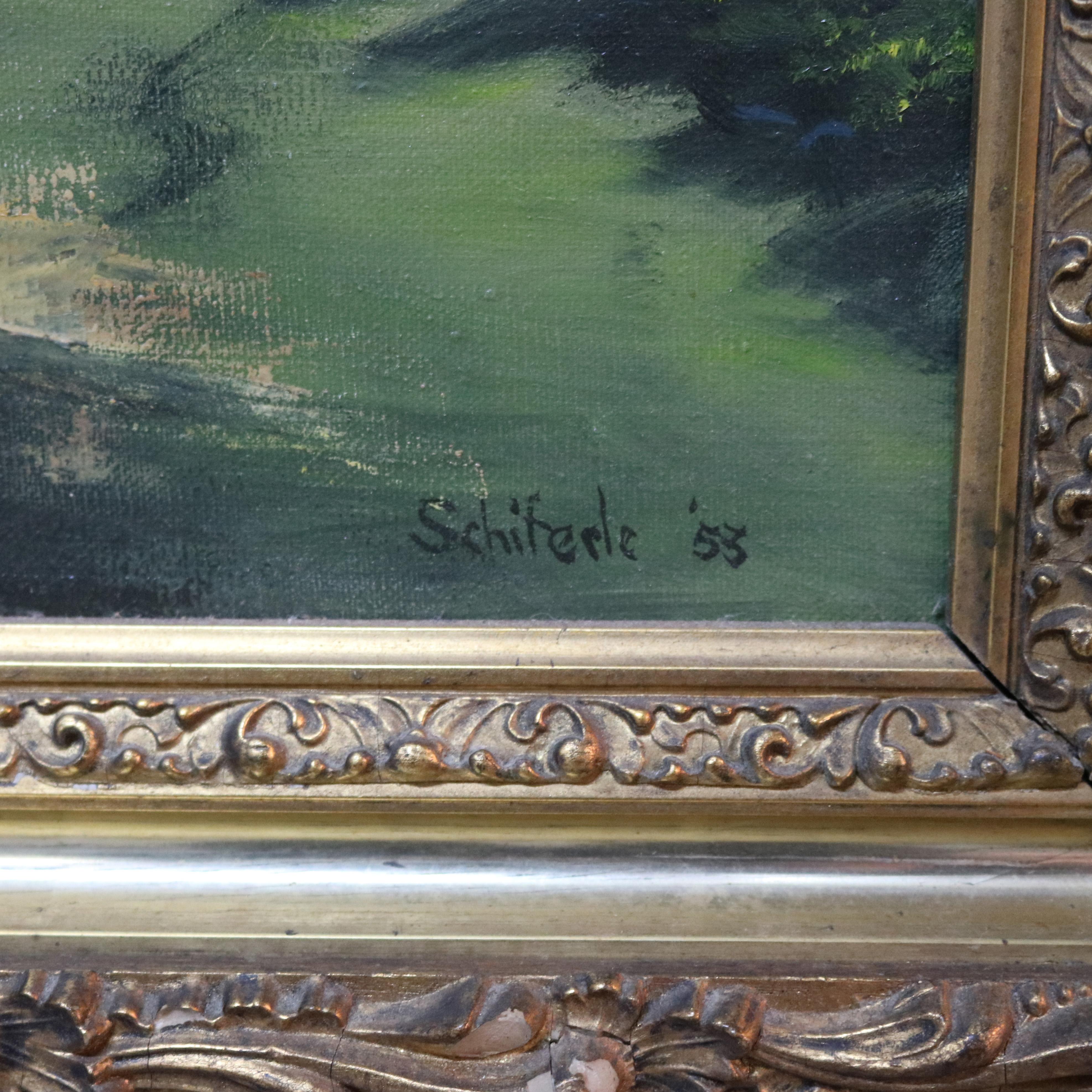 Large Antique Landscape Painting by Schiferle, 1st Finish Giltwood Frame, 20th C 3
