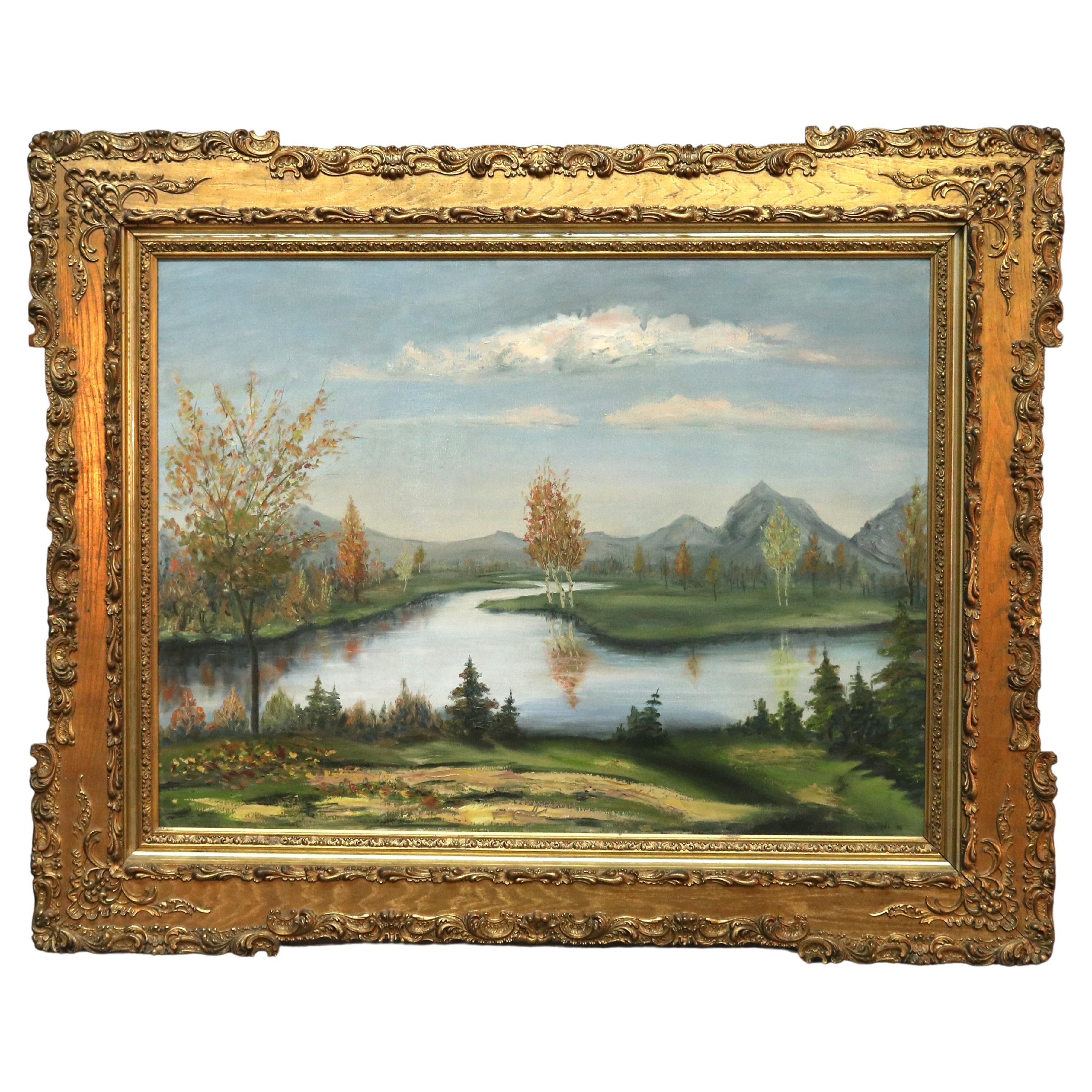 Large Antique Landscape Painting by Schiferle, 1st Finish Giltwood Frame, 20th C