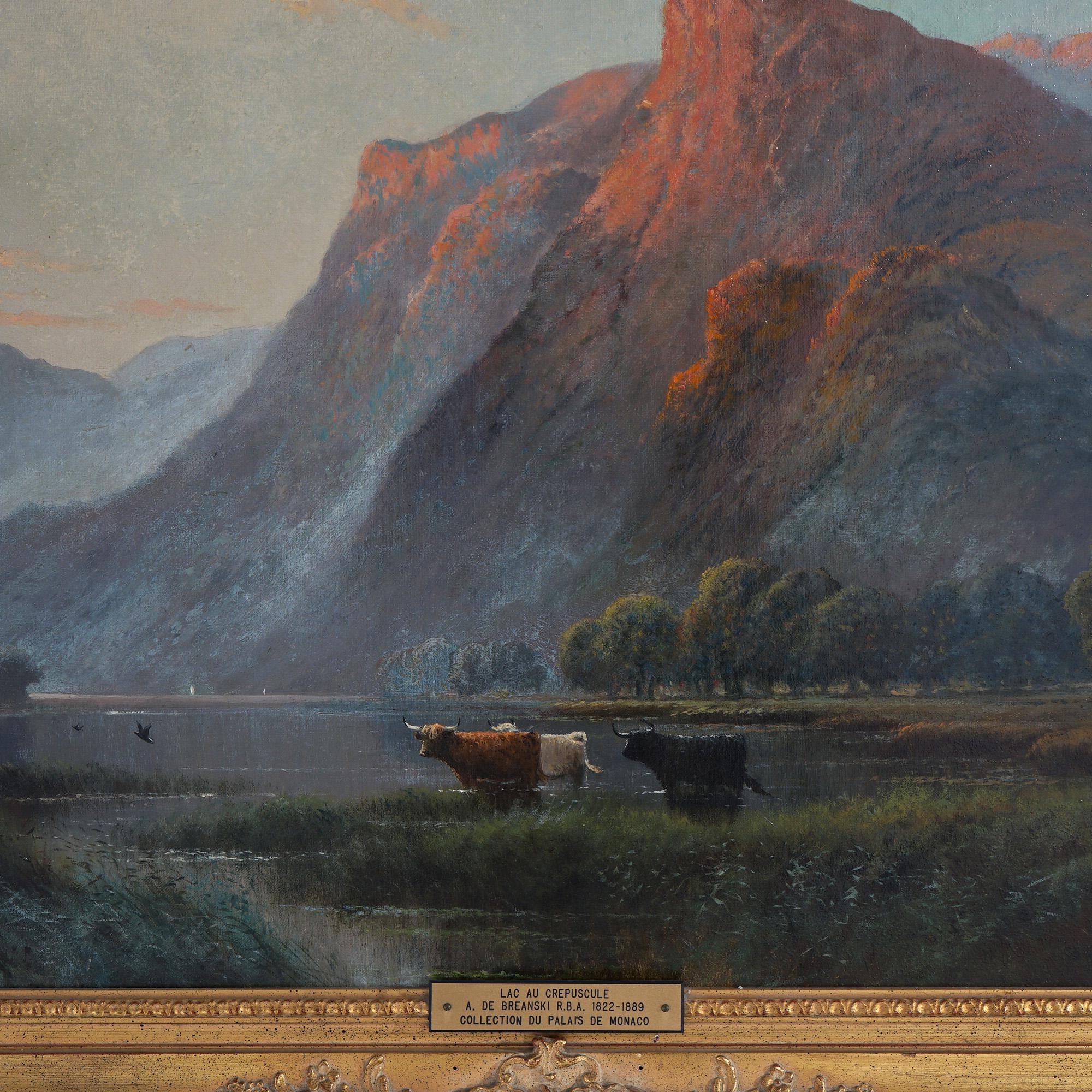 Large Antique Landscape Painting, Lac Au Crepuscule by Alfred De Breanski, 19thc 3