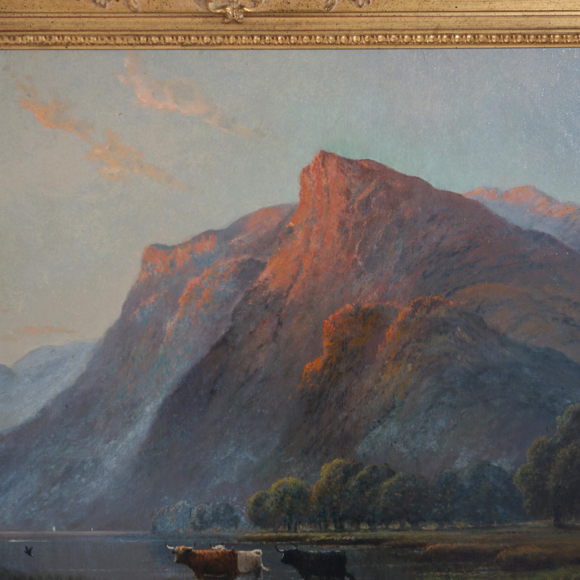 Large Antique Landscape Painting, Lac Au Crepuscule by Alfred De Breanski, 19thc 4
