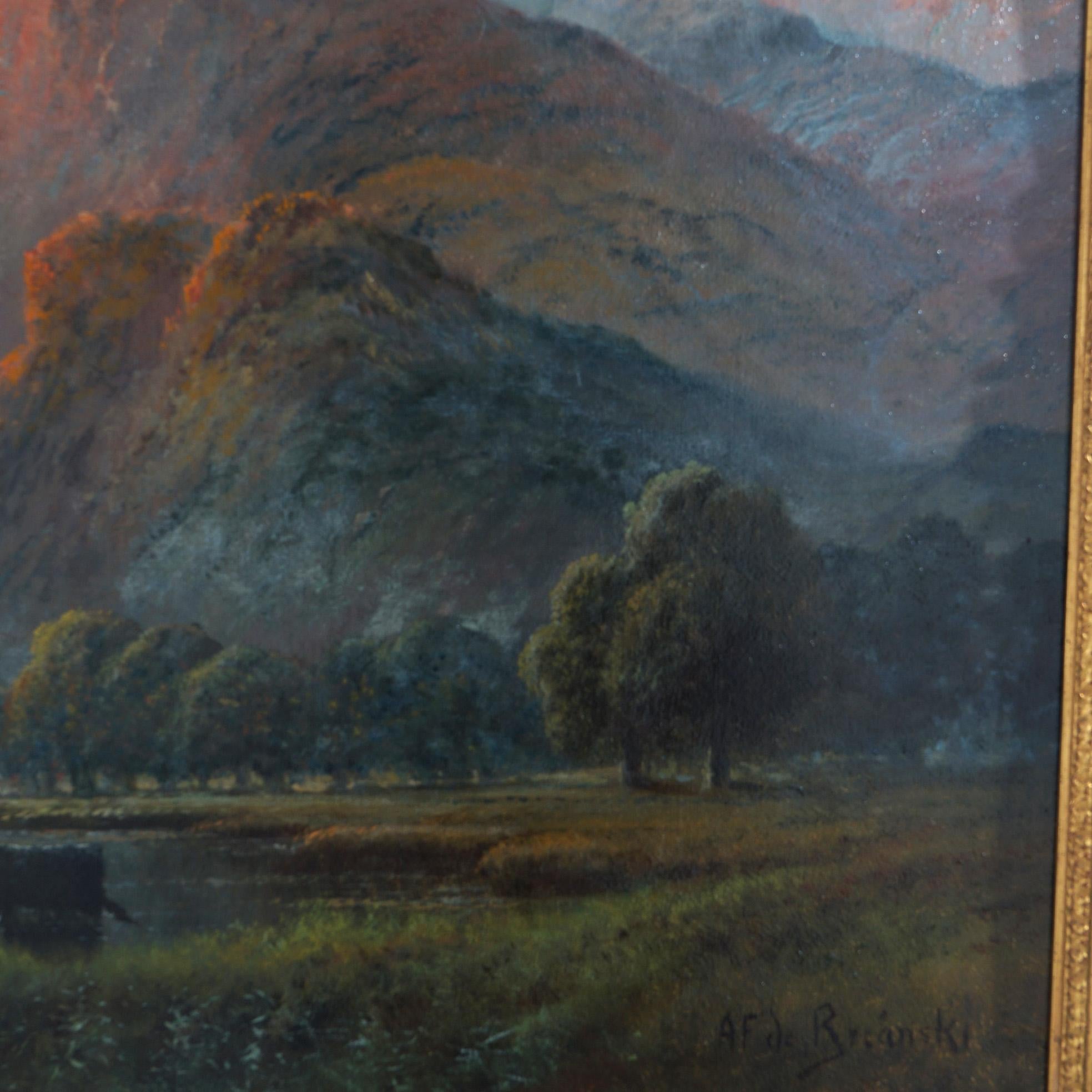 Large Antique Landscape Painting, Lac Au Crepuscule by Alfred De Breanski, 19thc 5