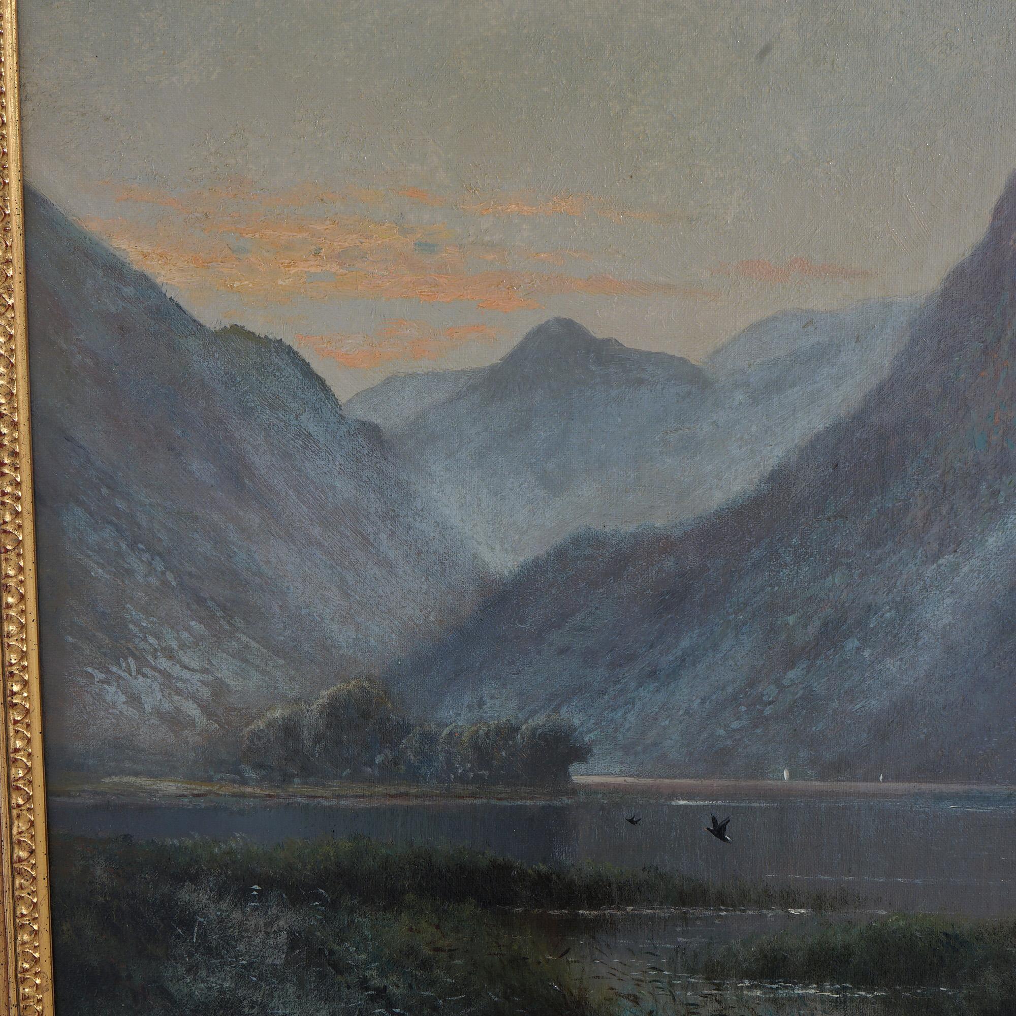 Large Antique Landscape Painting, Lac Au Crepuscule by Alfred De Breanski, 19thc 6