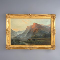 Grande dipinto di paesaggio antico, Lac Au Crepuscule di Alfred De Breanski, XIX sec.