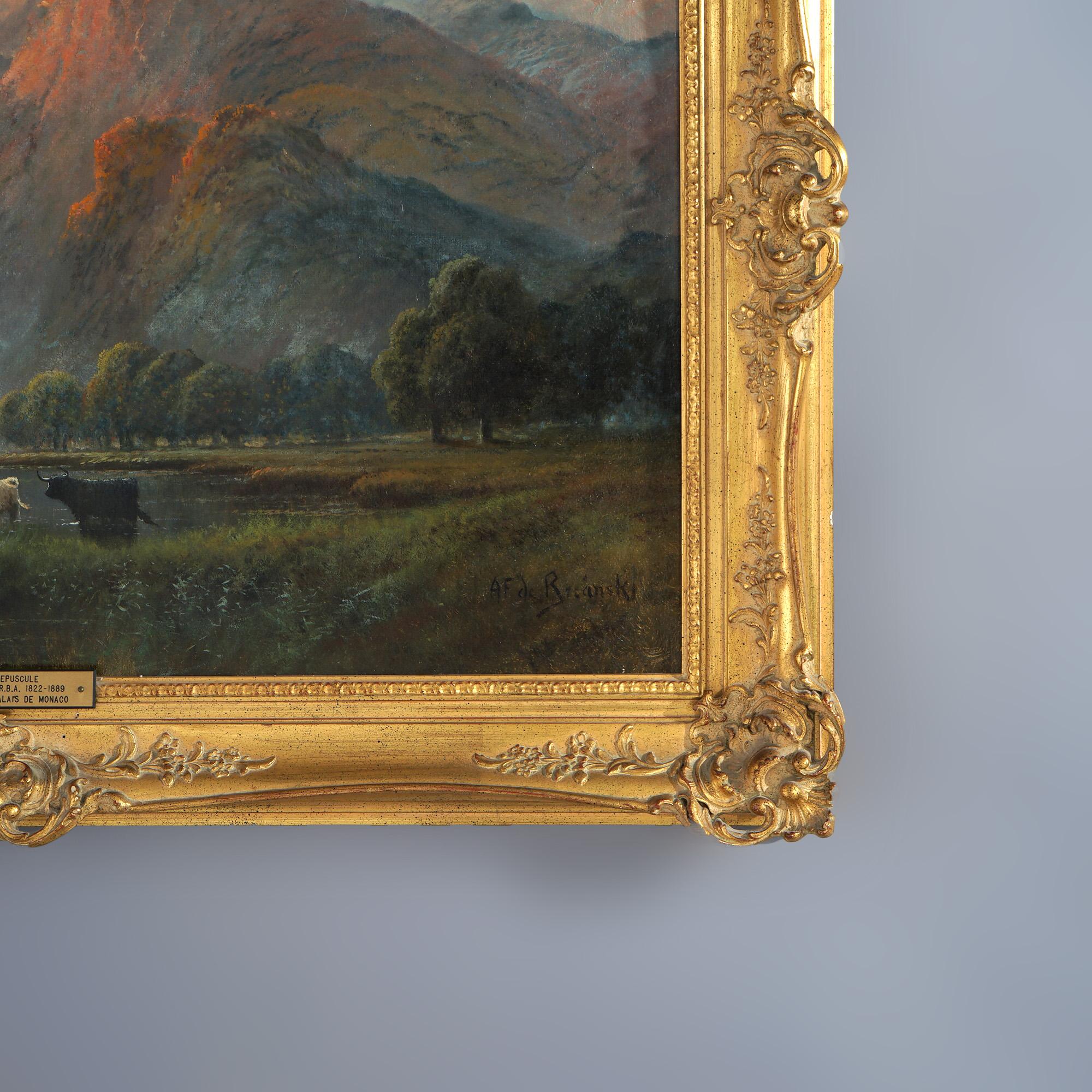 English Large Antique Landscape Painting, Lac Au Crepuscule by Alfred De Breanski, 19thc