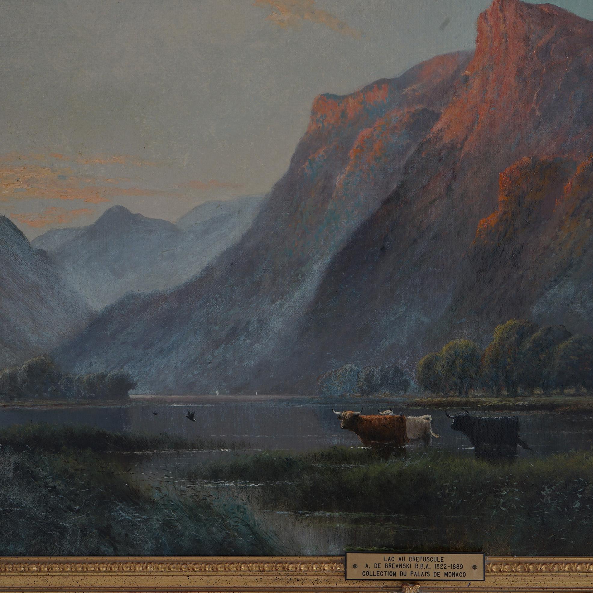 Large Antique Landscape Painting, Lac Au Crepuscule by Alfred De Breanski, 19thc 2