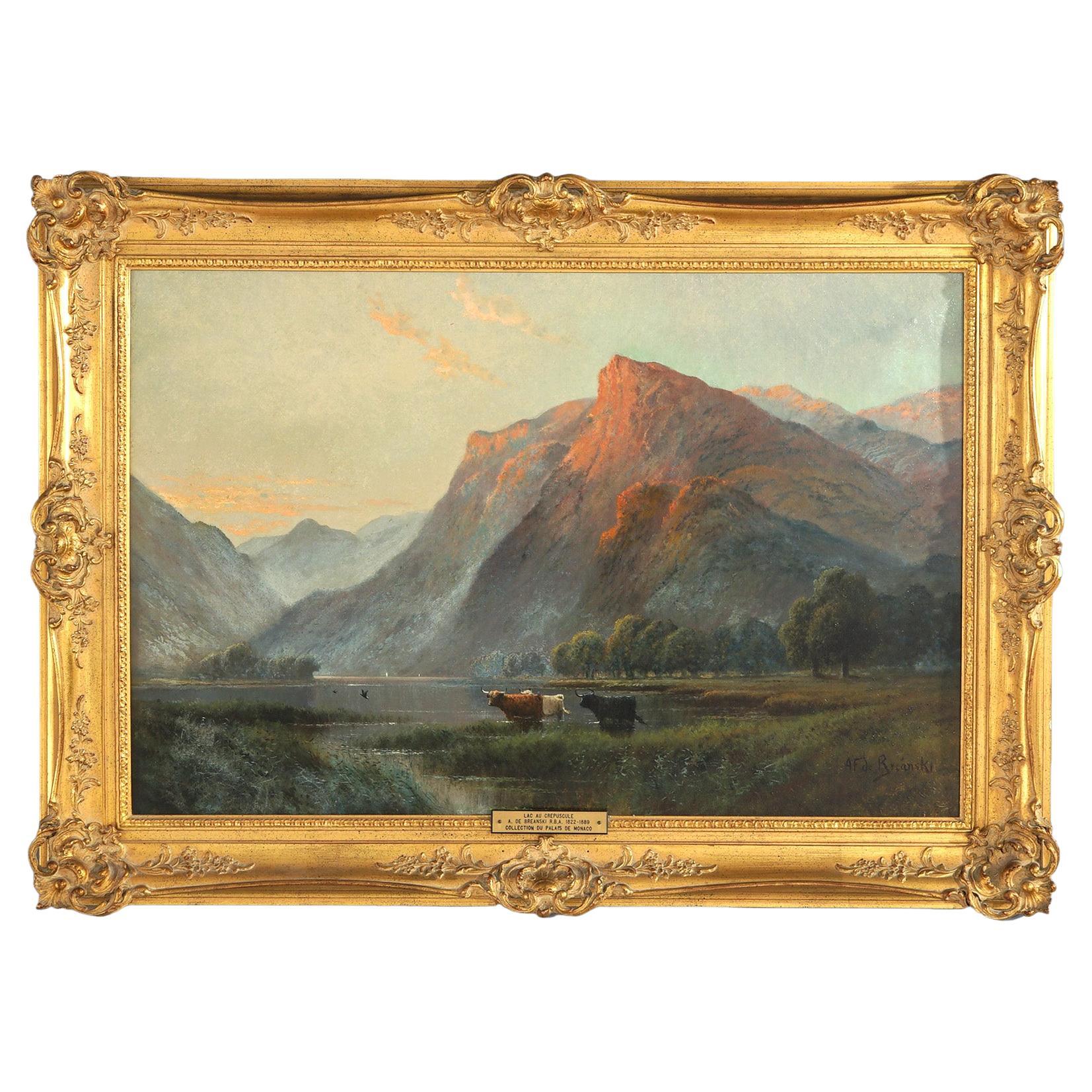 Large Antique Landscape Painting, Lac Au Crepuscule by Alfred De Breanski, 19thc
