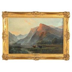 Grande peinture de paysage ancienne, Lac Au Crepuscule d'Alfred De Breanski, 19e siècle