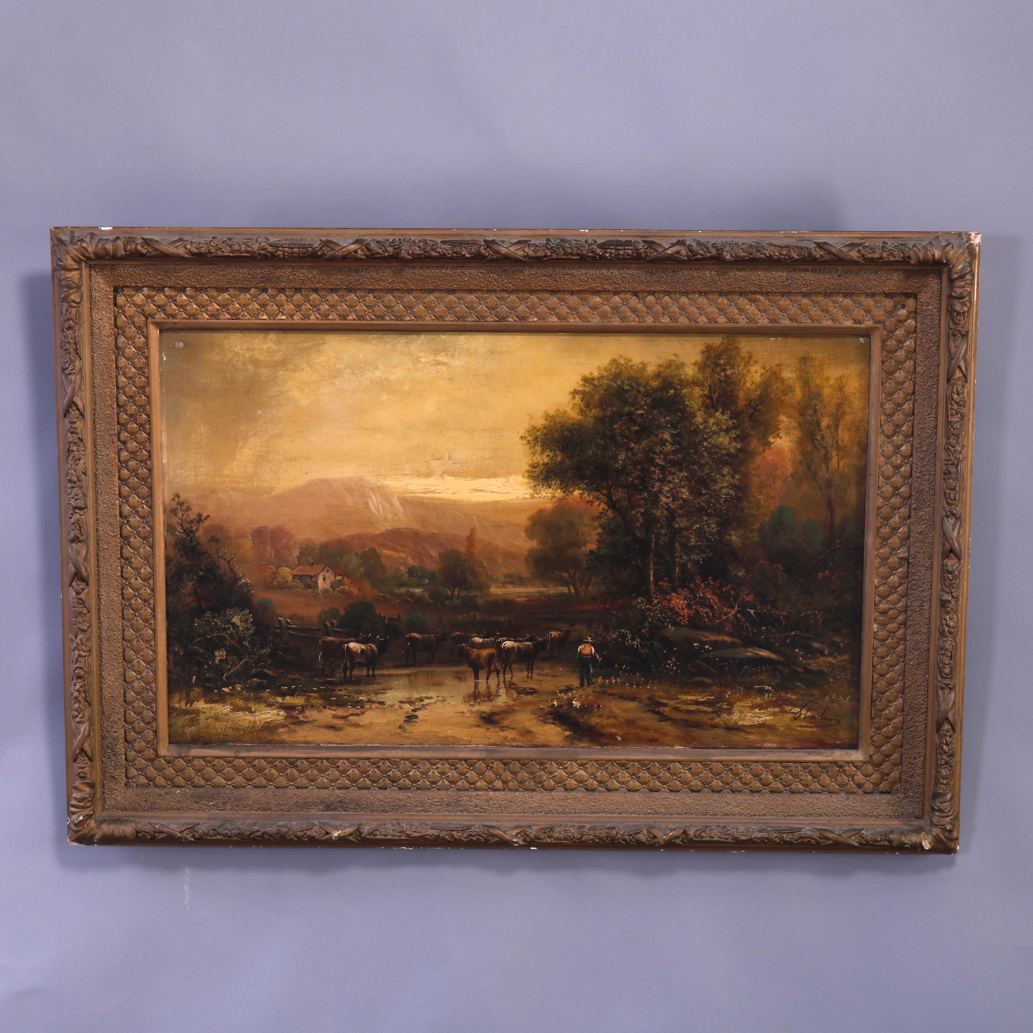 An large antique landscape panting offers oil on canvas pastoral scene with cattle, figures, and structure having mountainous background, artist signed illegible lower right, seated in giltwood frame, c1890

Measures - overall 32.25''H x 46''W x
