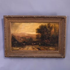 Large Antique Landscape Painting of Pastoral Scene & Cattle, Artist Signed c1890