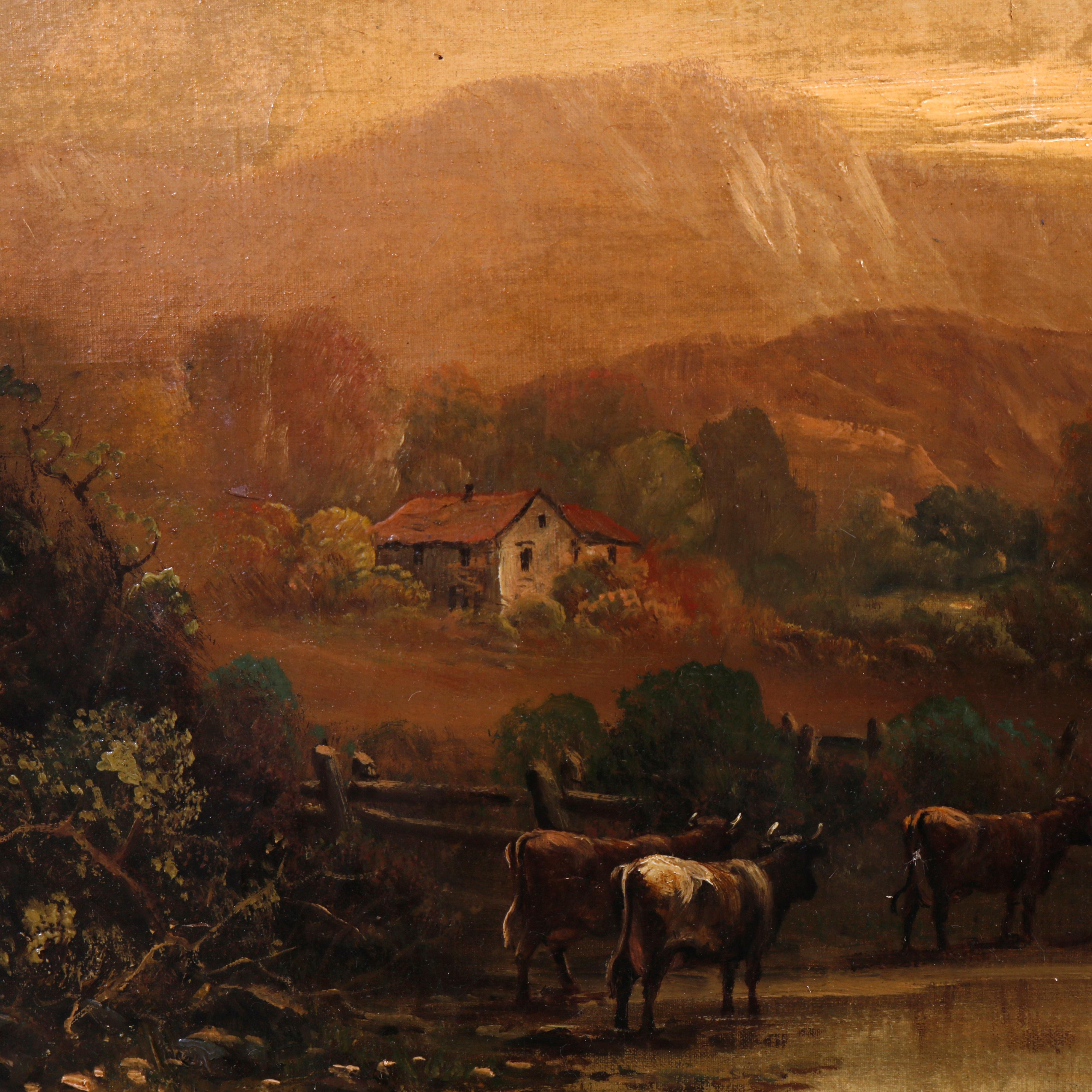 Hand-Painted Large Antique Landscape Painting of Pastoral Scene & Cattle, Artist Signed c1890