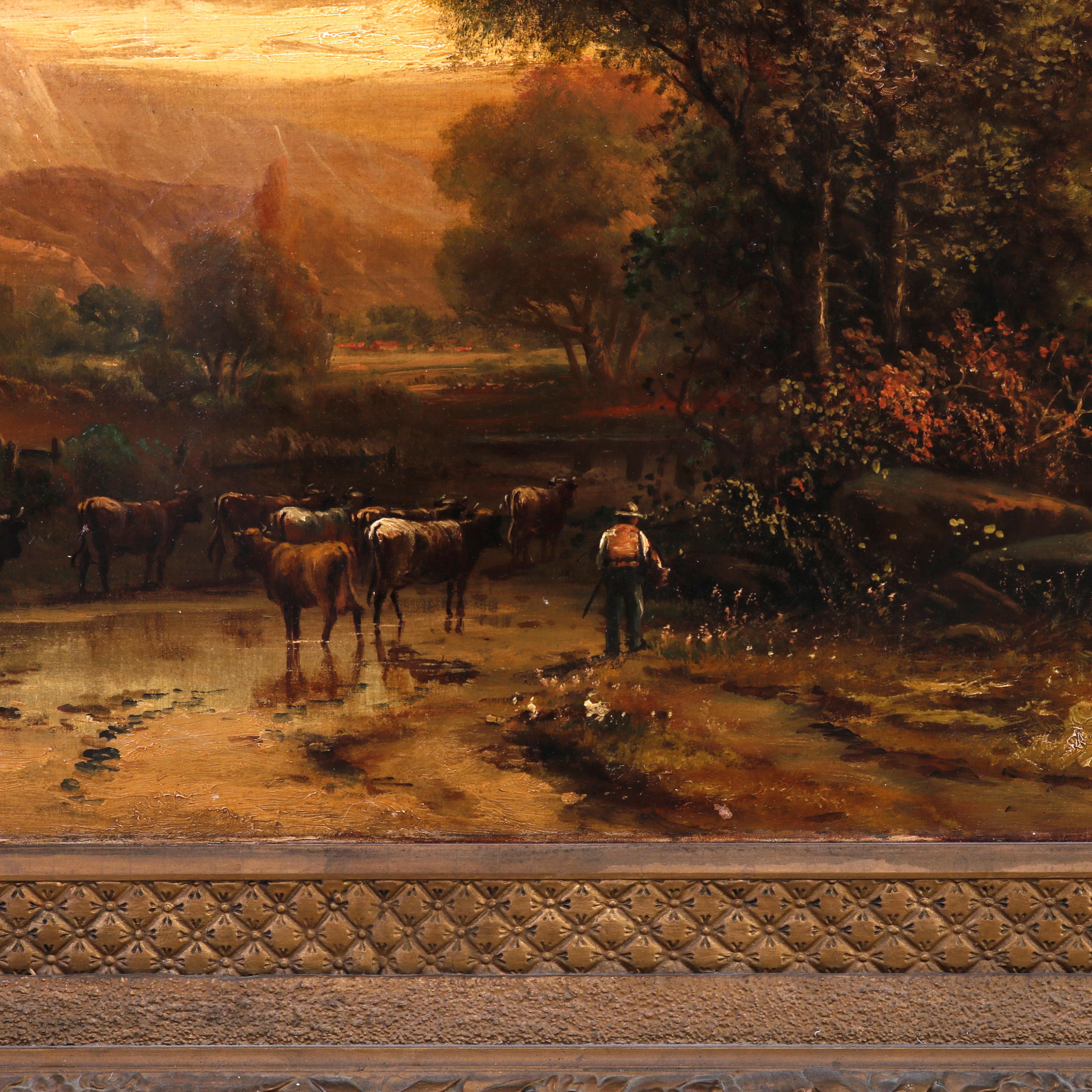 Large Antique Landscape Painting of Pastoral Scene & Cattle, Artist Signed c1890 In Good Condition In Big Flats, NY
