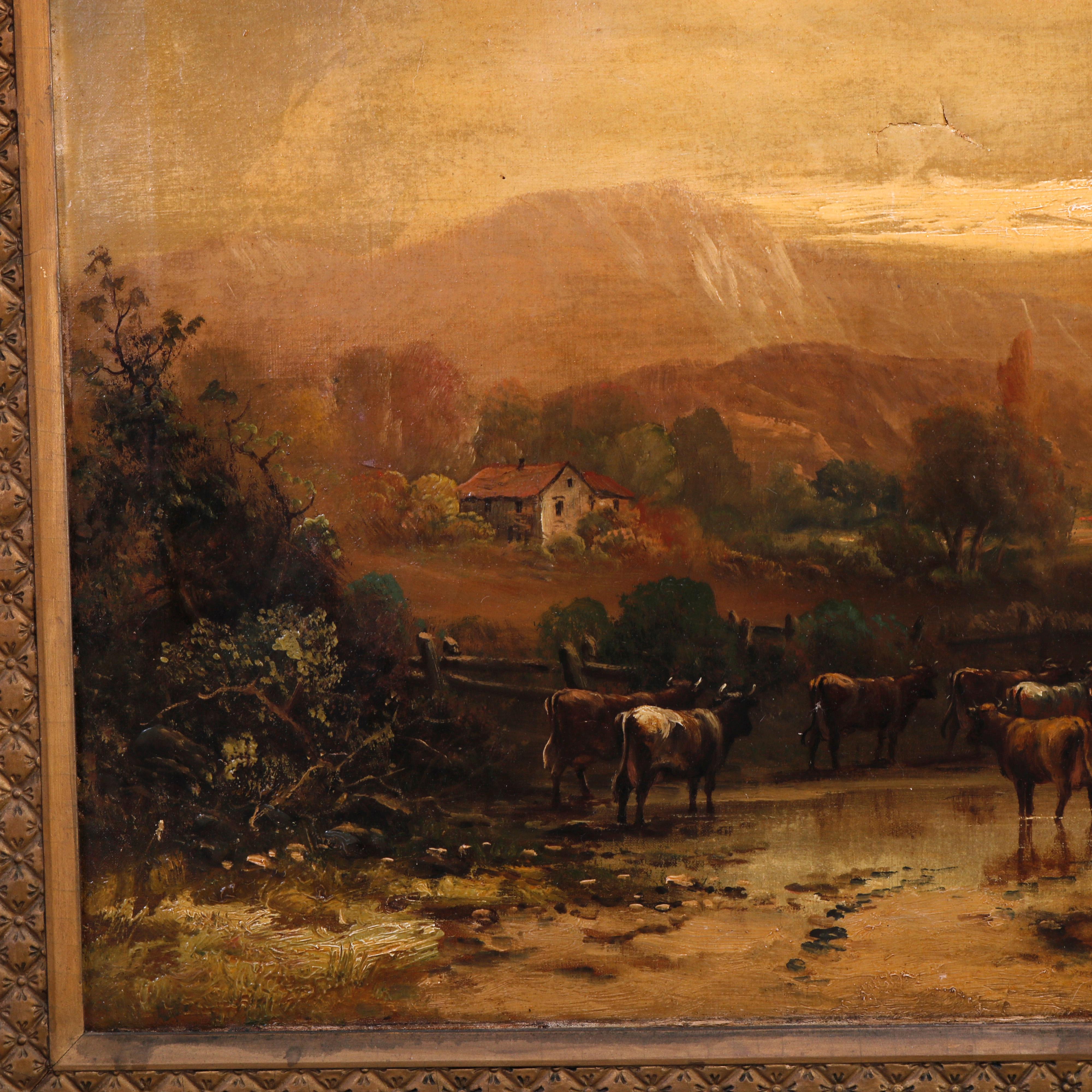 19th Century Large Antique Landscape Painting of Pastoral Scene & Cattle, Artist Signed c1890