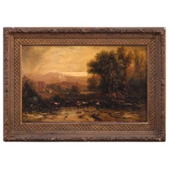 Large Antique Landscape Painting of Pastoral Scene & Cattle, Artist Signed c1890