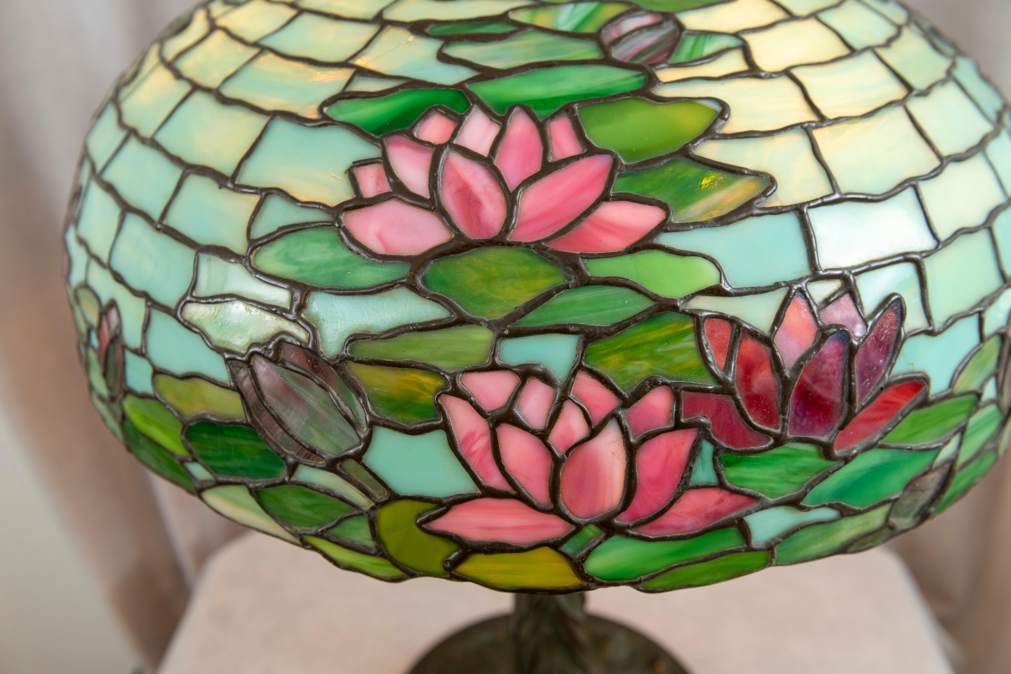 Art Nouveau Large Antique Leaded Glass Water Lily Table Lamp, by Duffner & Kimberly, 1905