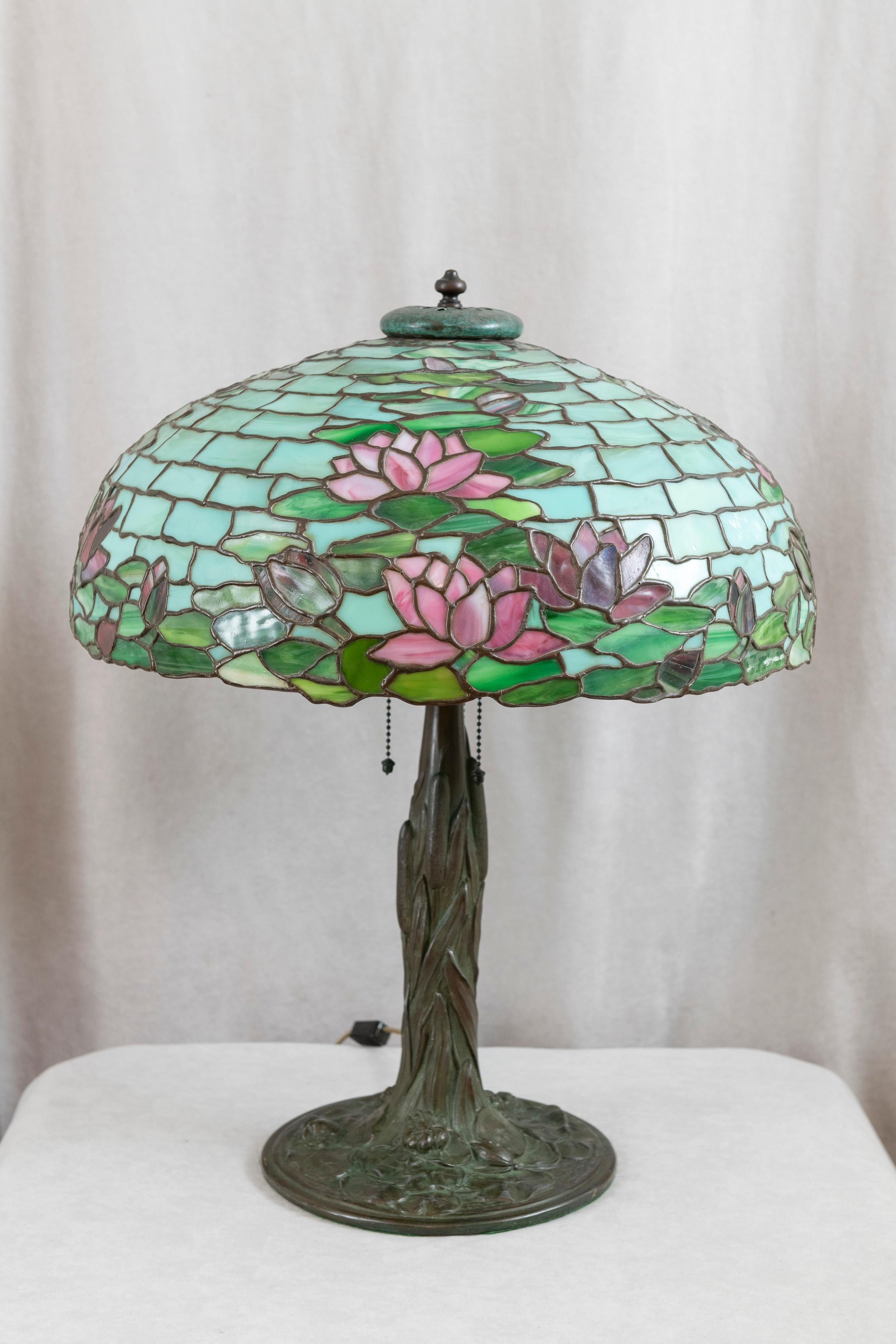 American Large Antique Leaded Glass Water Lily Table Lamp, by Duffner & Kimberly, 1905