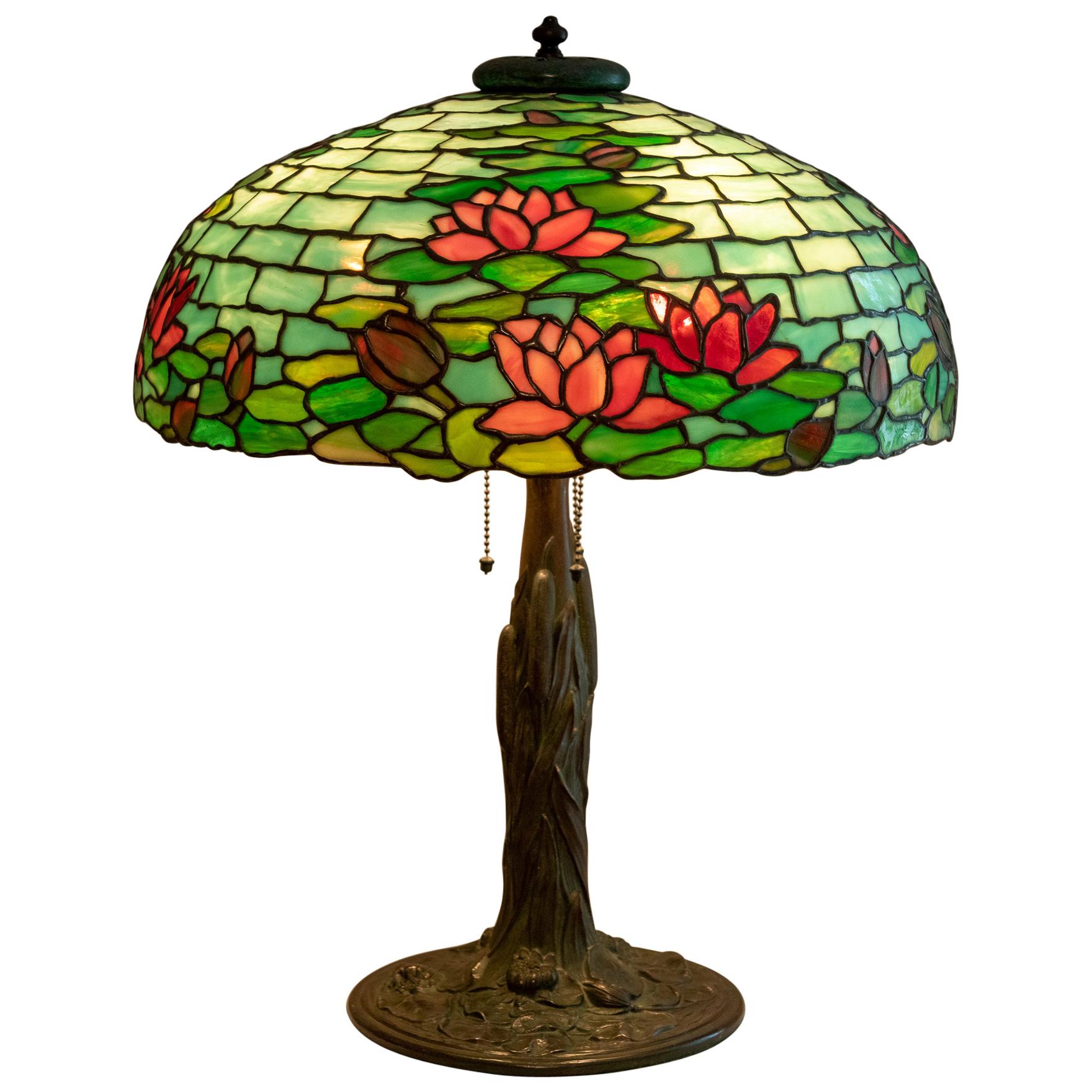 Large Antique Leaded Glass Water Lily Table Lamp, by Duffner & Kimberly, 1905