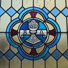 Large Leaded Stained Glass Alpha and Omega Architectural Window, circa 1900