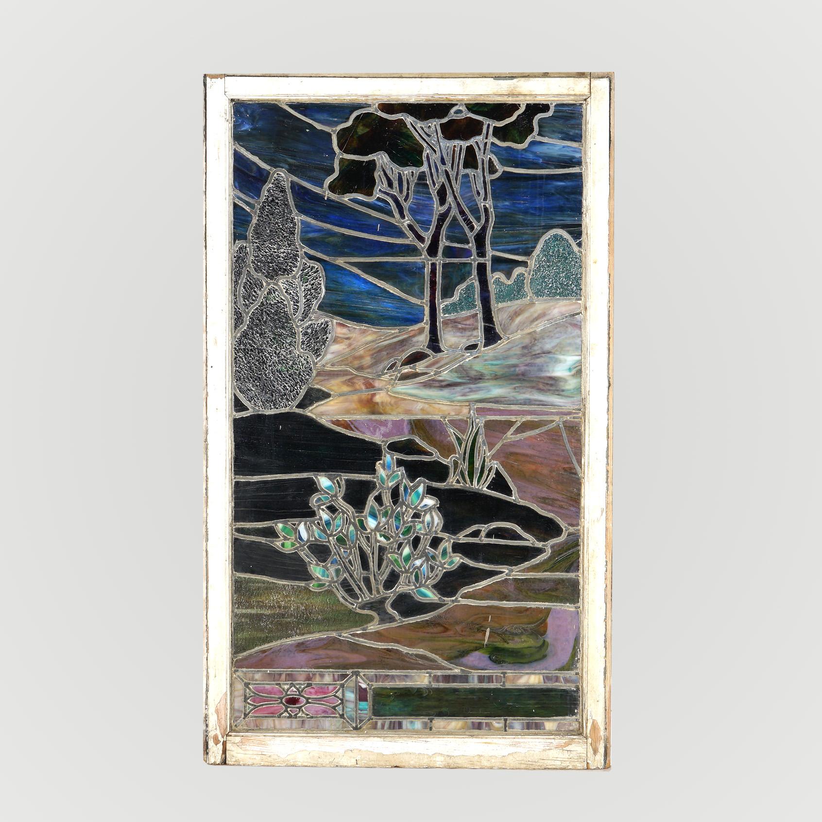 ***Ask About Reduced In-House Shipping Rates - Reliable Service & Fully Insured***

Large Antique Leaded & Stained Layered Glass Window by Haskins with Landscape Scene, Circa 1900 

Measures - 59.75
