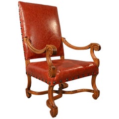 Large Antique Leather Armchair, Walnut Frame, French 19th Century, circa 1880