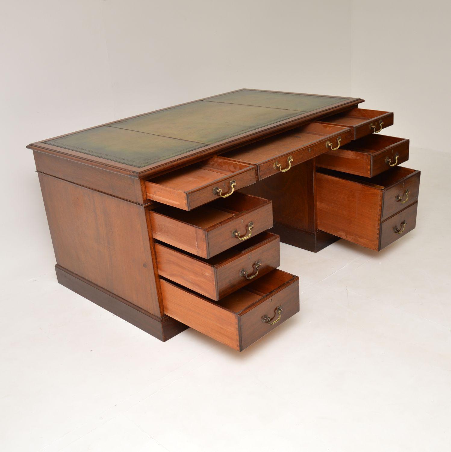 British Large Antique Leather Top Pedestal Desk
