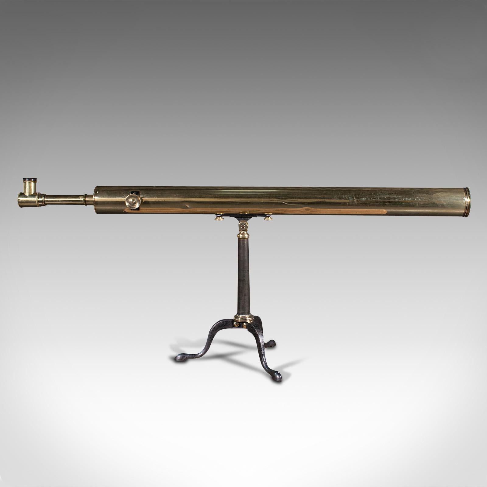 This is an antique library telescope. An English, brass 'Starboy' astronomical mounted refractor by Broadhurst, Clarkson & Co, dating to the early 20th century, circa 1920.

Perfect for bird watching, landscape appreciation, wildlife stalking, or