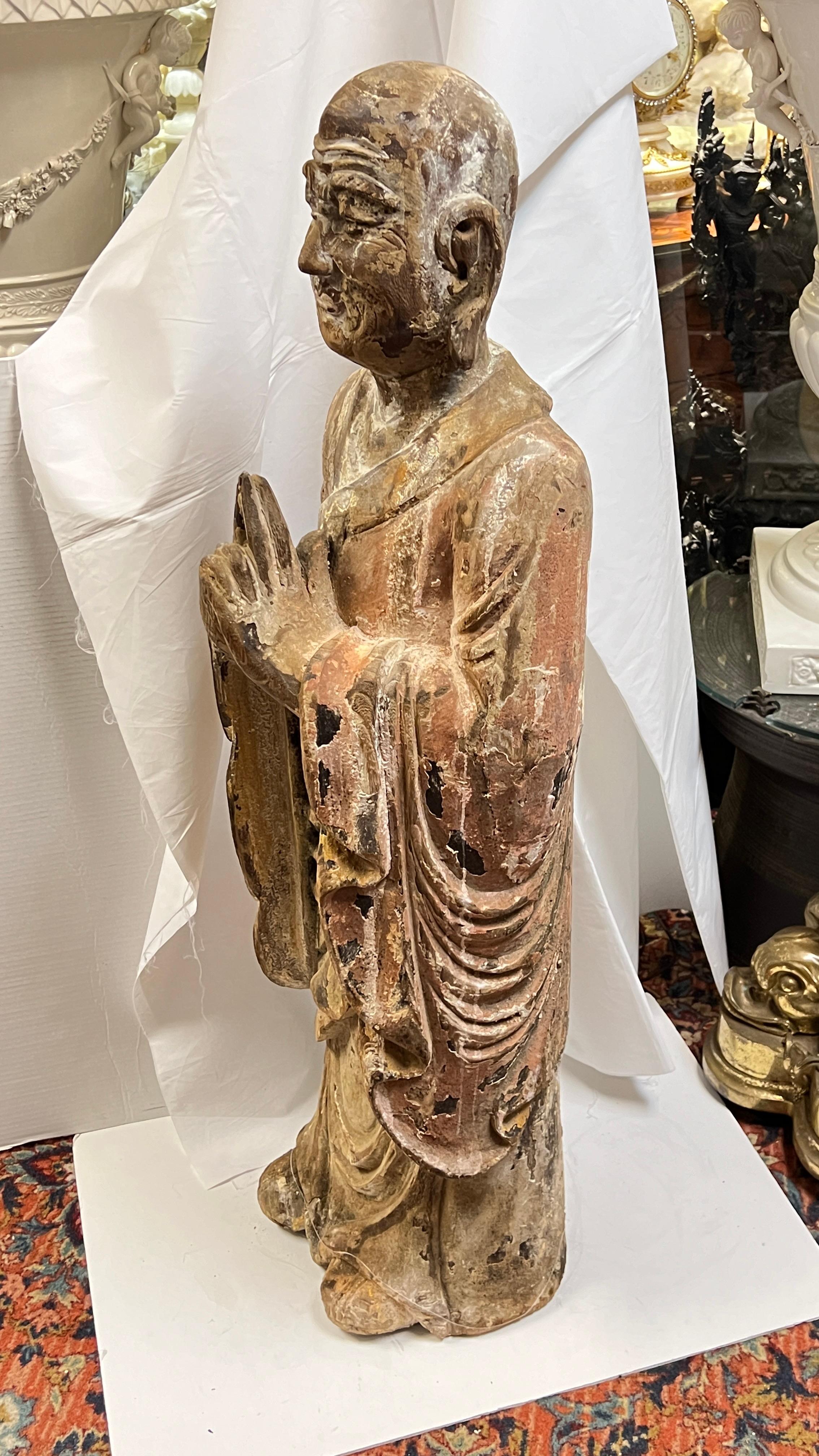 Large Antique Limed Wooden Statue of Standing Buddha 6
