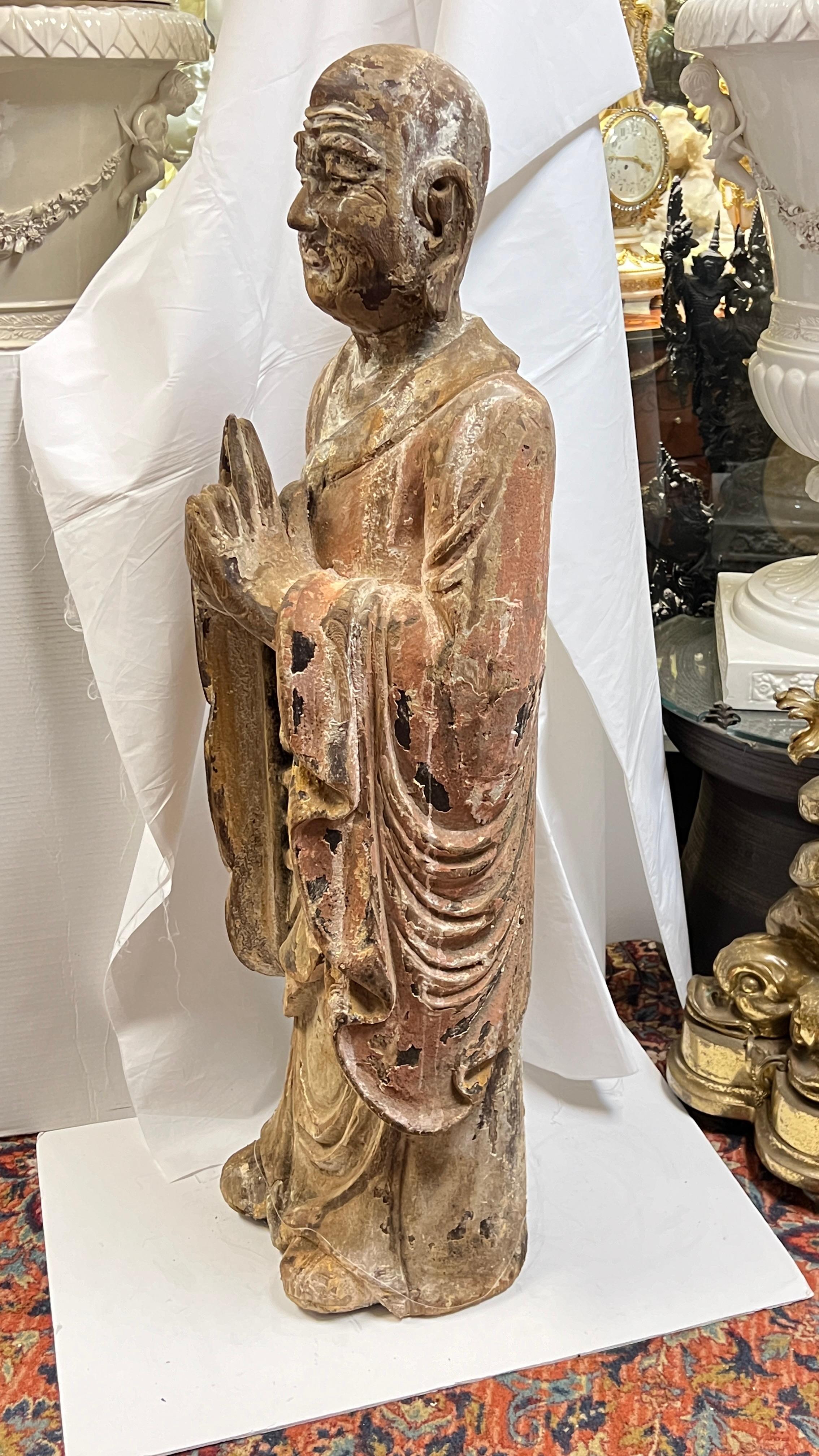 Large Antique Limed Wooden Statue of Standing Buddha 7