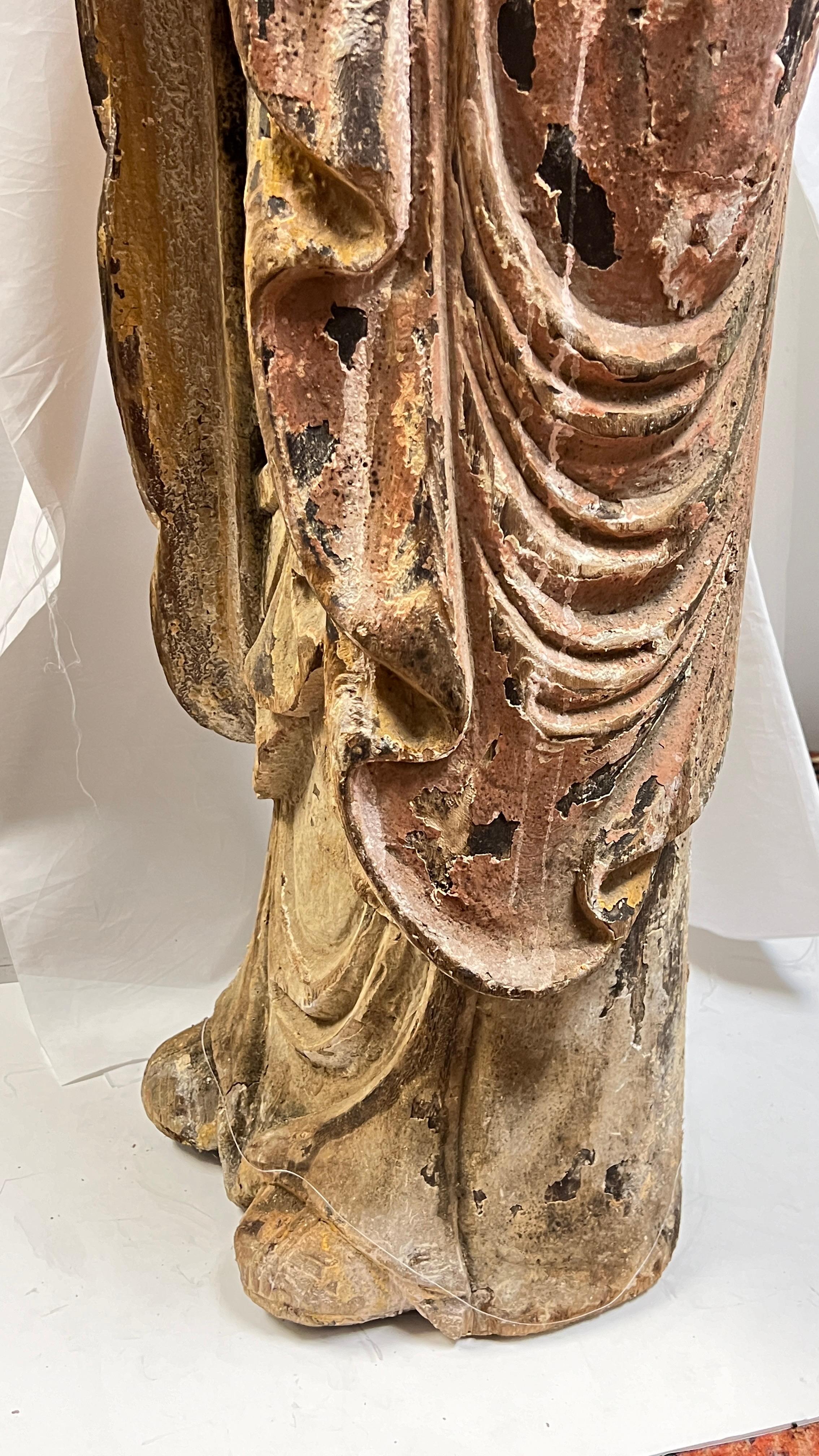 Large Antique Limed Wooden Statue of Standing Buddha 9