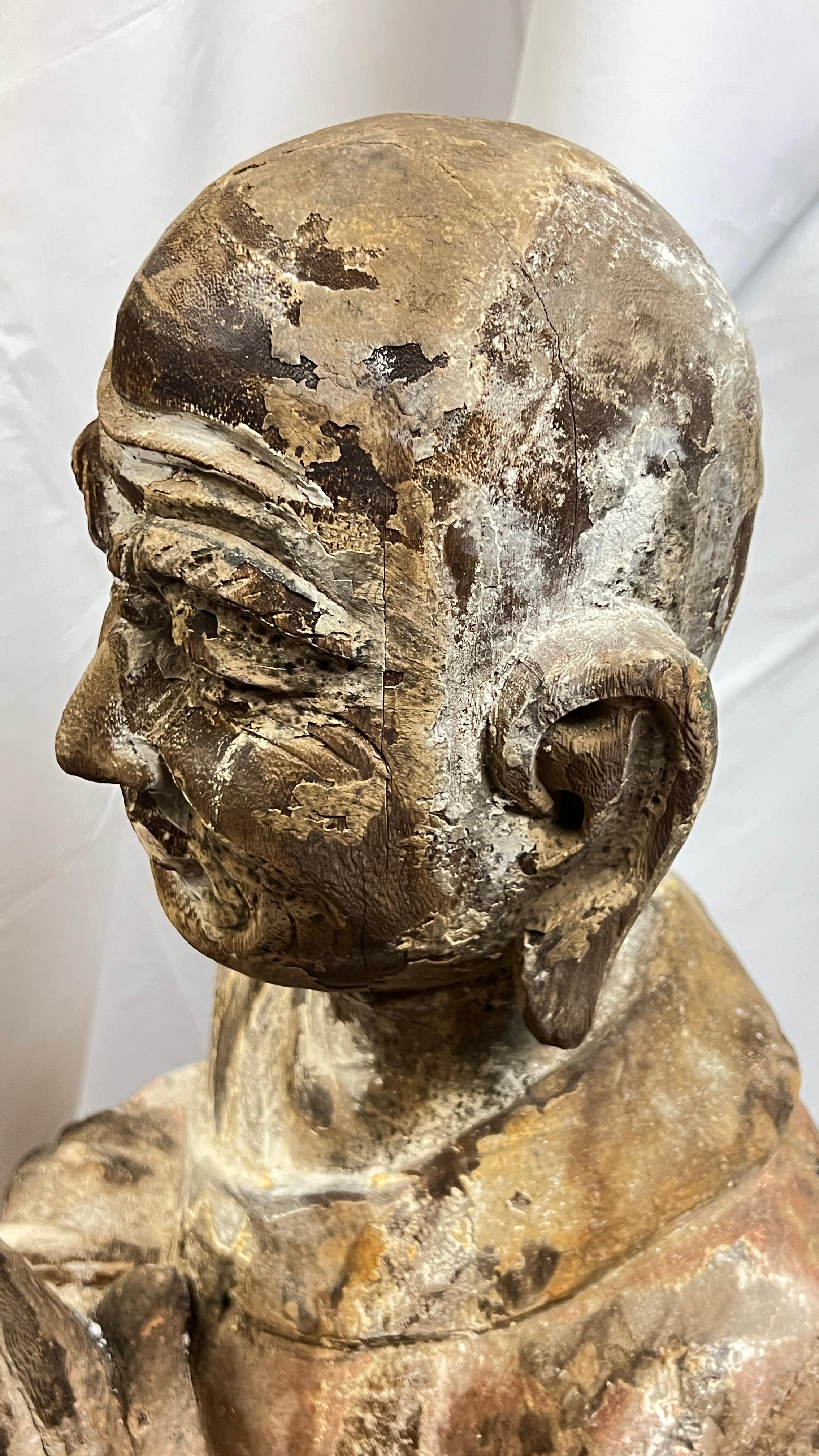 Large Antique Limed Wooden Statue of Standing Buddha 12