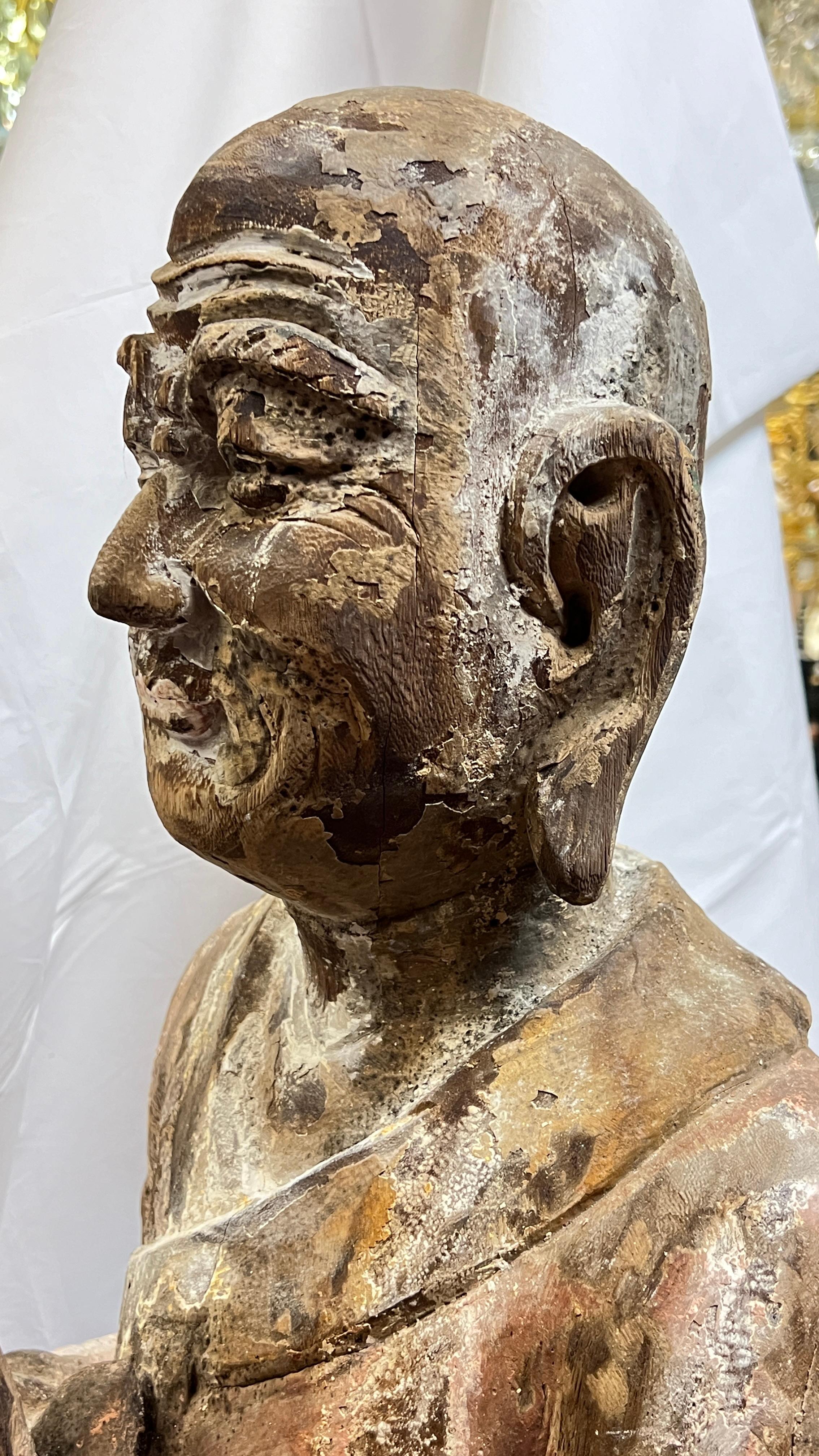 Large Antique Limed Wooden Statue of Standing Buddha 13
