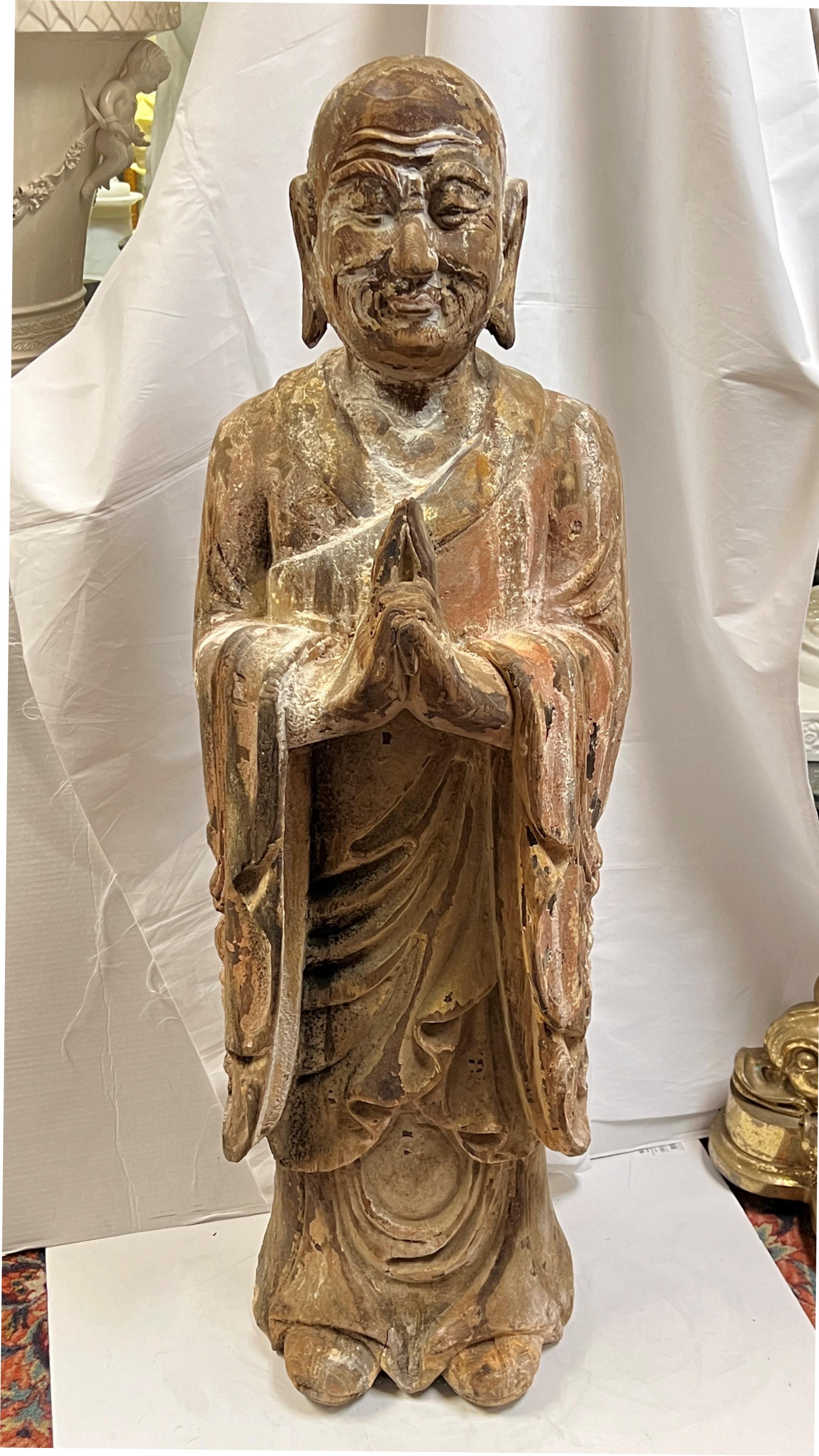 Large Antique Limed Wooden Statue of Standing Buddha 14