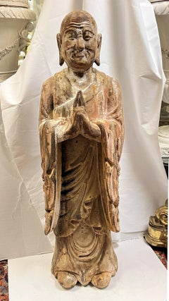 Large Antique Limed Wooden Statue of Standing Buddha