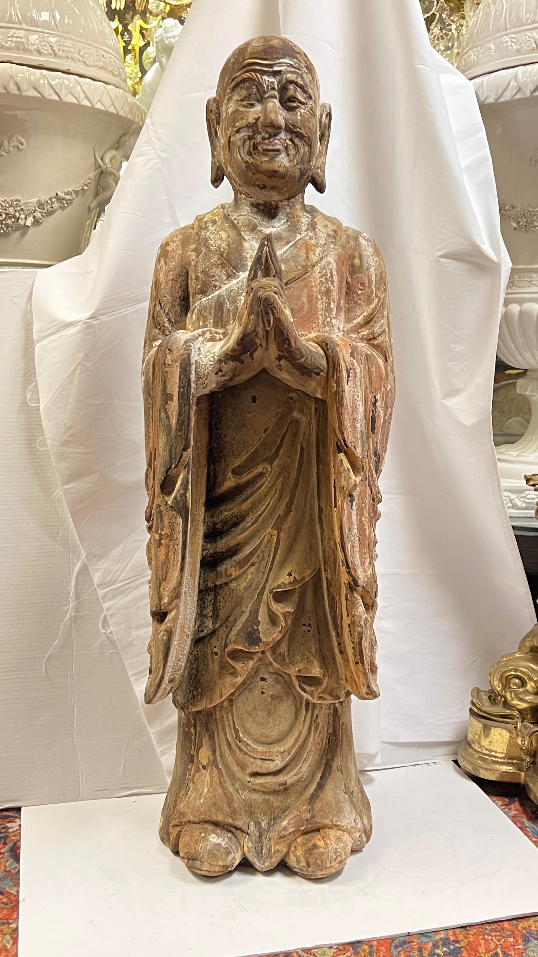 Large Antique Limed Wooden Statue of Standing Buddha In Good Condition In New York, NY