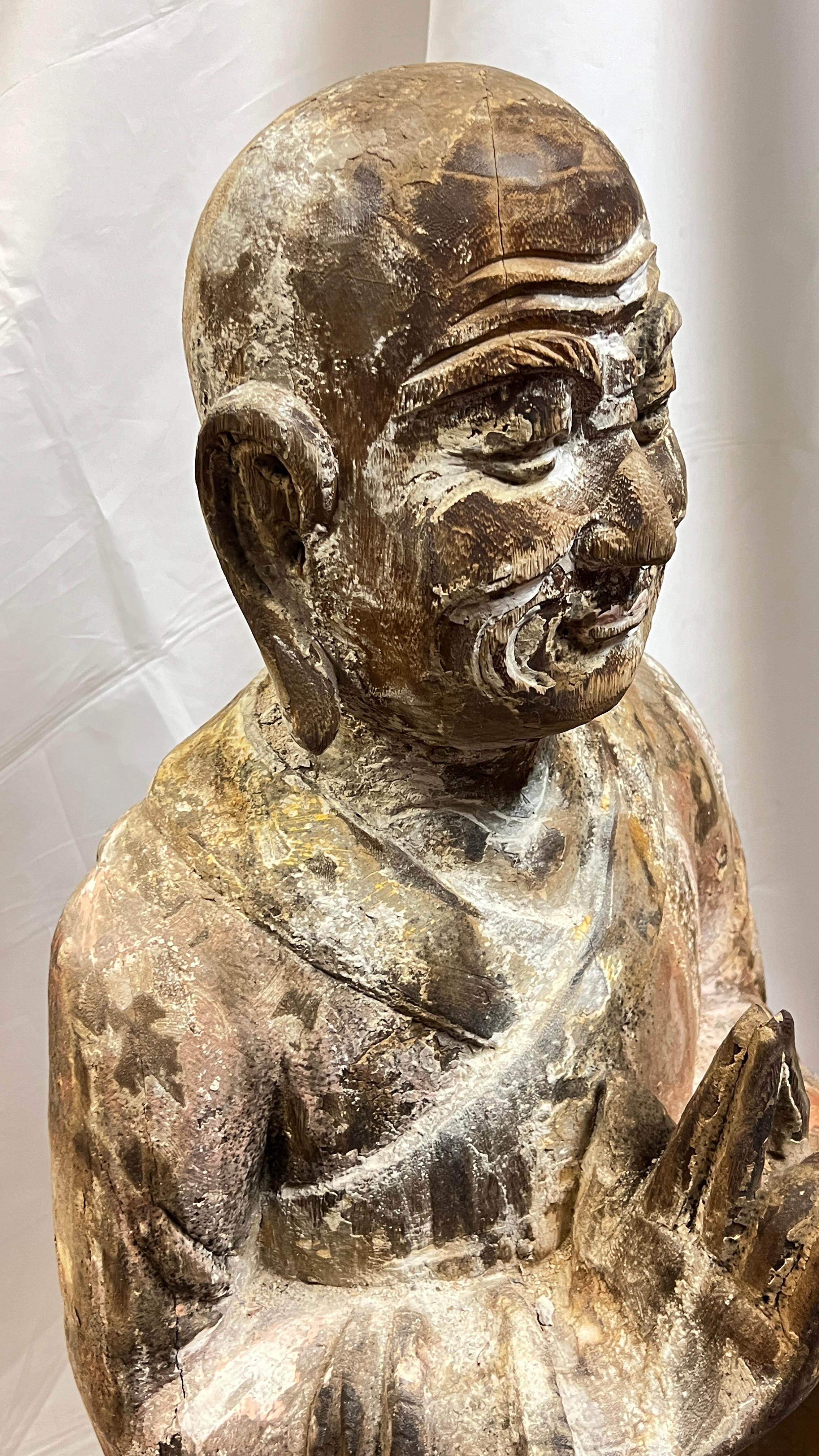 19th Century Large Antique Limed Wooden Statue of Standing Buddha