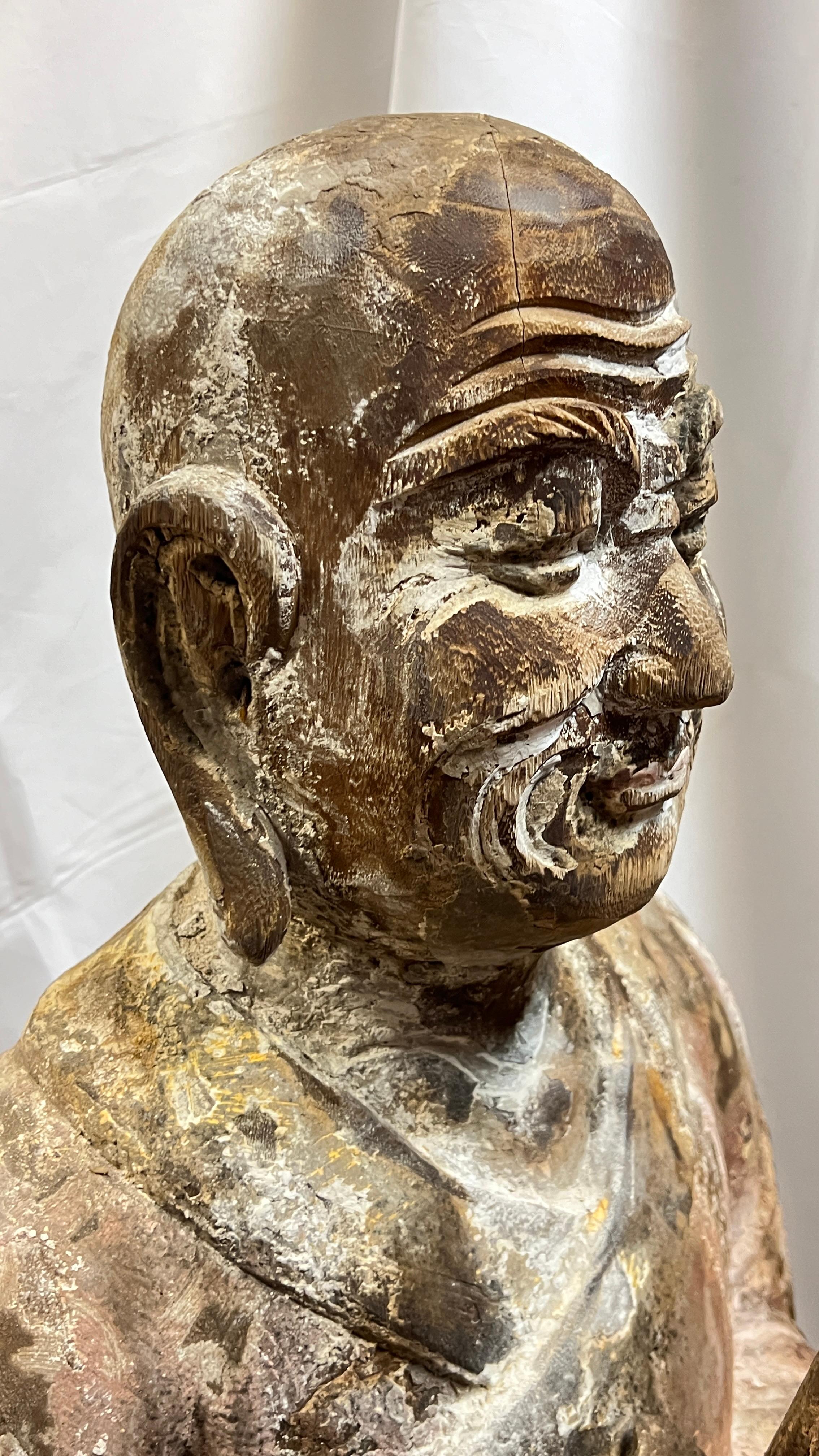 Large Antique Limed Wooden Statue of Standing Buddha 1