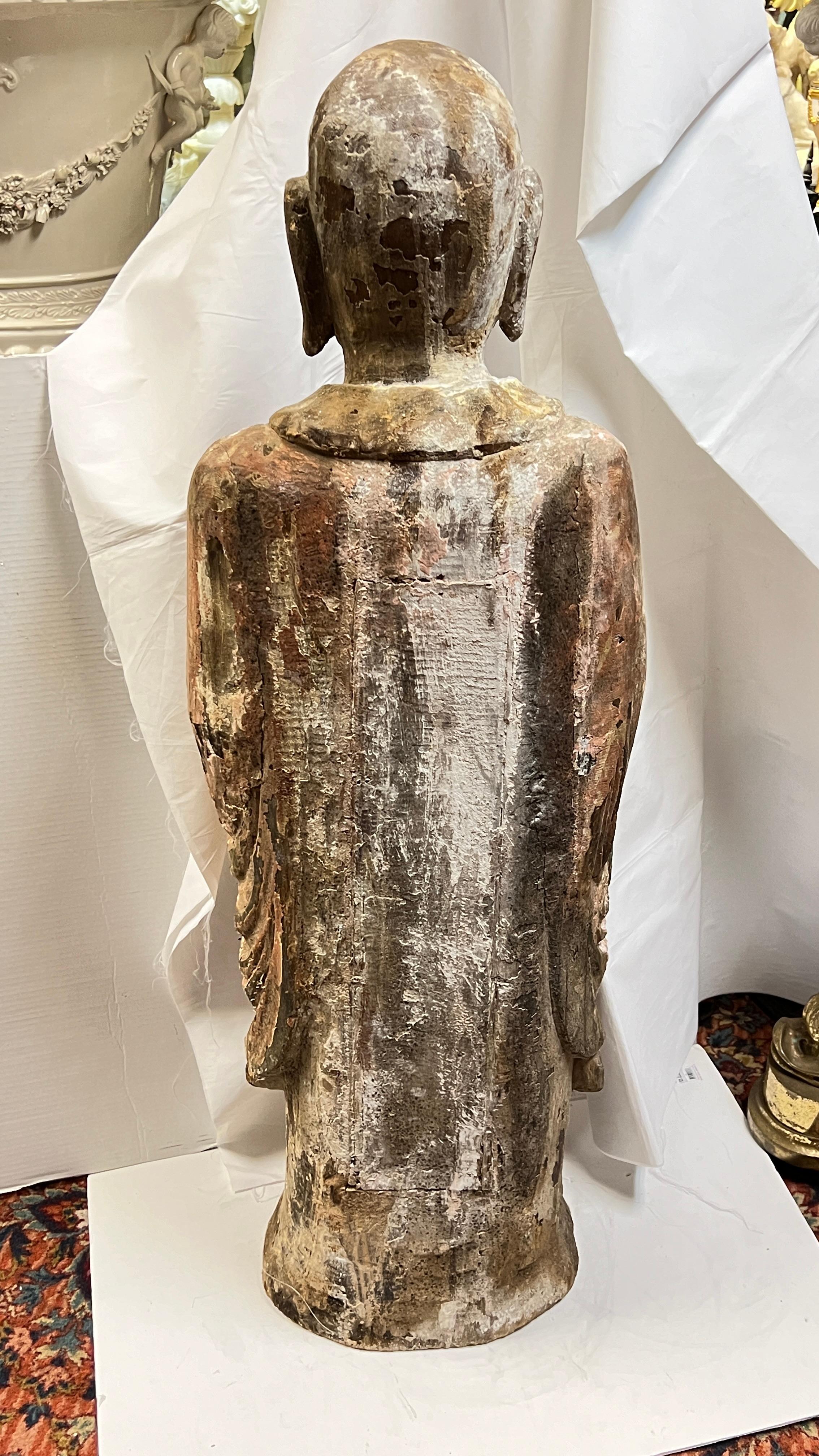 Large Antique Limed Wooden Statue of Standing Buddha 4
