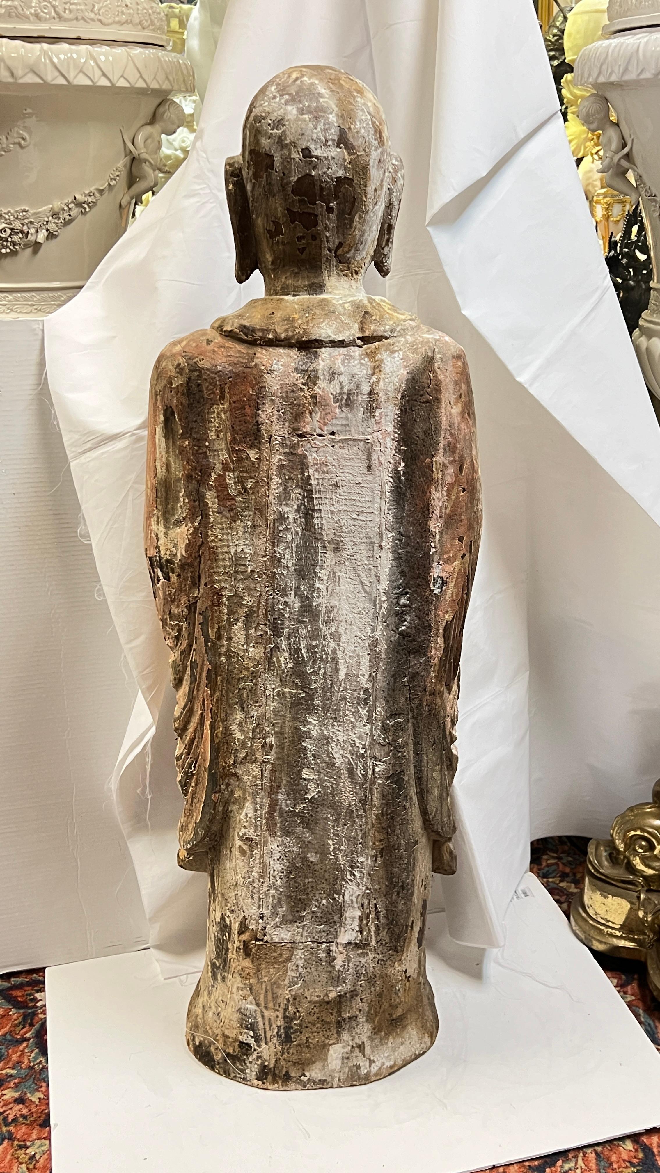 Large Antique Limed Wooden Statue of Standing Buddha 5