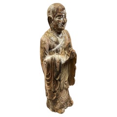 Large Antique Limed Wooden Statue of Standing Buddha