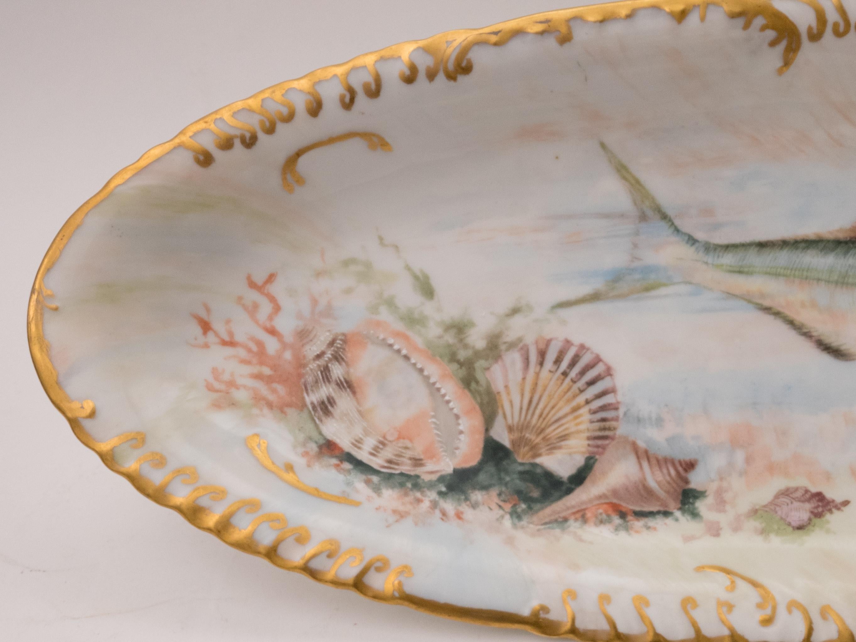 French Large Antique Limoges Fish Platter circa 1890 Hand Painted & Artist Signed