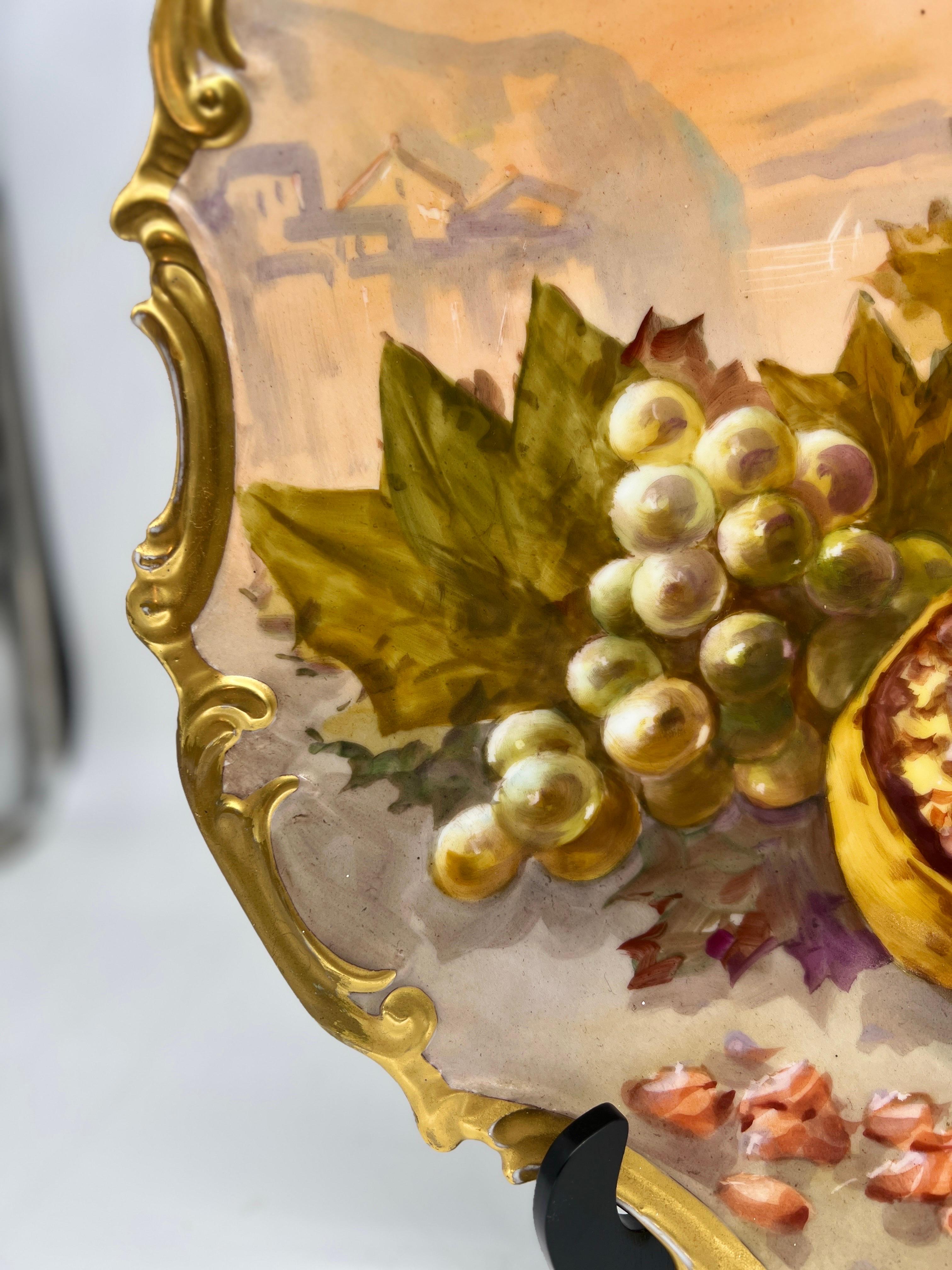 Rococo Large Antique Limoges Hand Painted Holy Fruit Porcelain Platter Signed Dubois For Sale