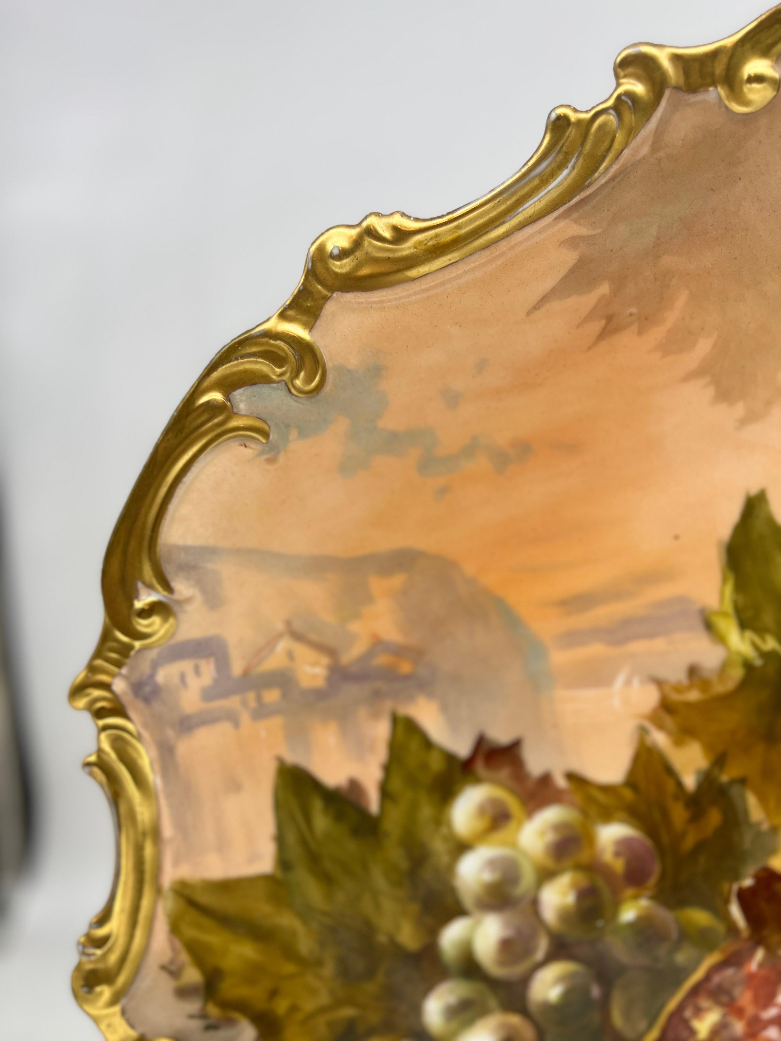 French Large Antique Limoges Hand Painted Holy Fruit Porcelain Platter Signed Dubois For Sale
